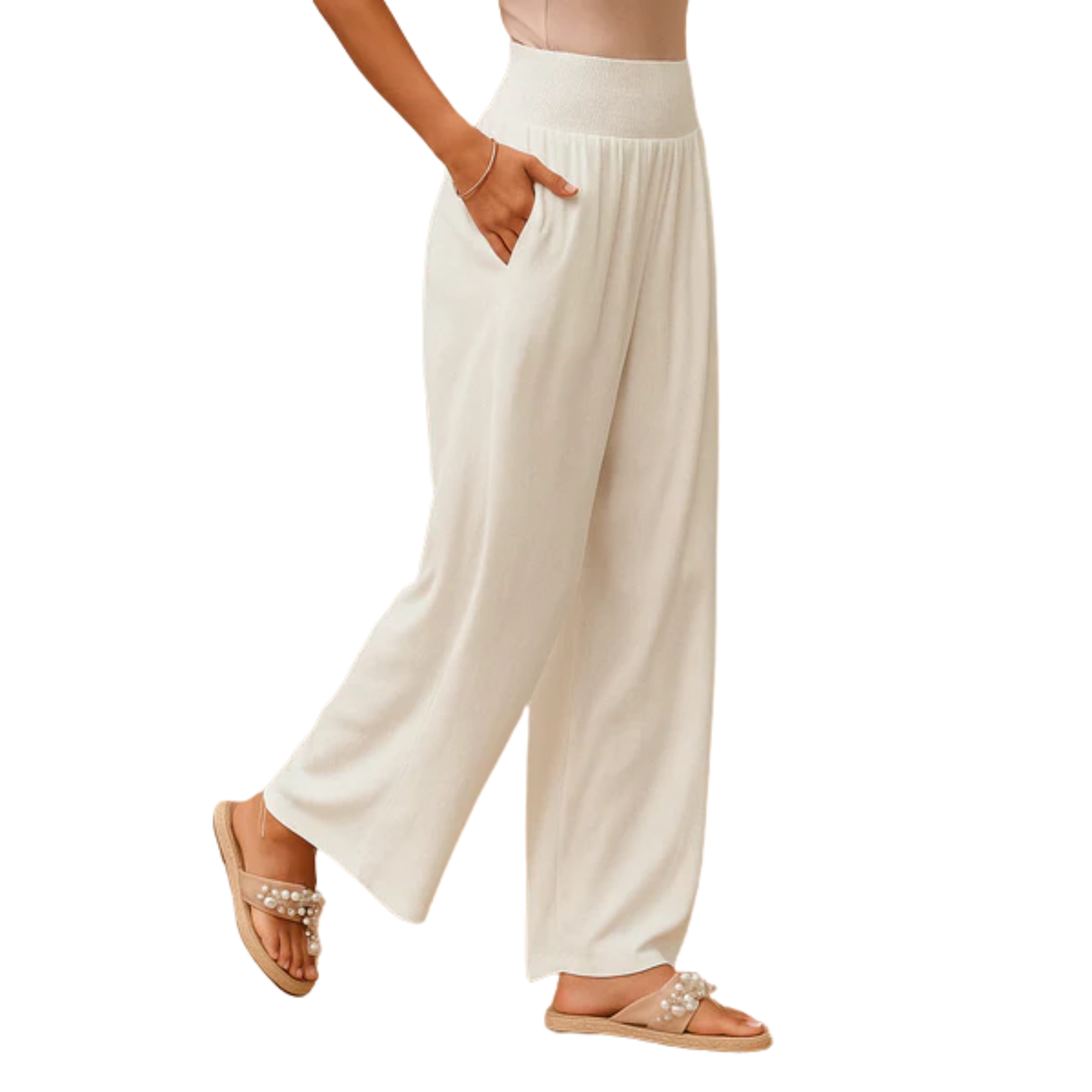 Pantalon femme mélange lin et coton — taille élastique coupe droite | quotidien