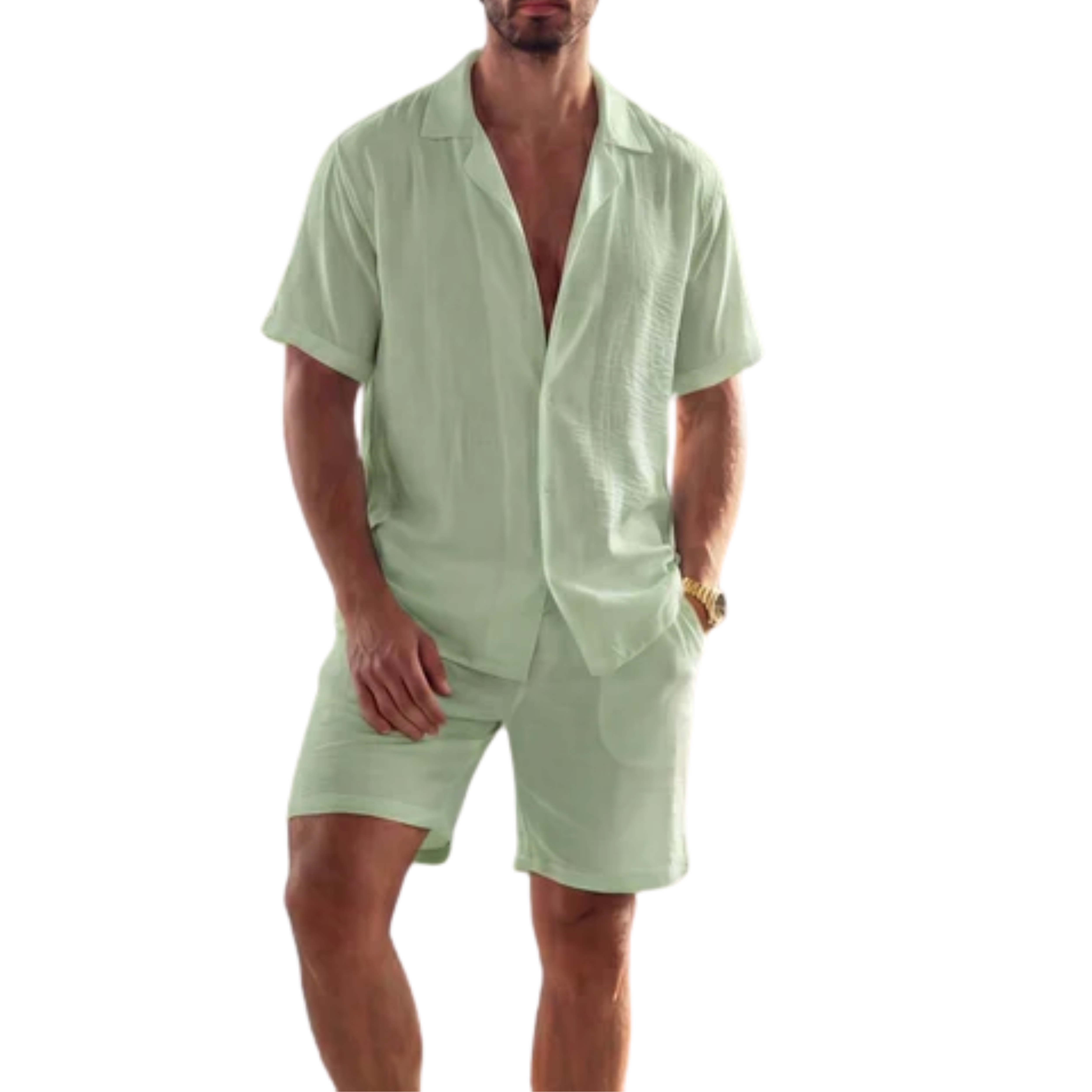 Ensemble en lin homme — chemise manches courtes et short — été et plage