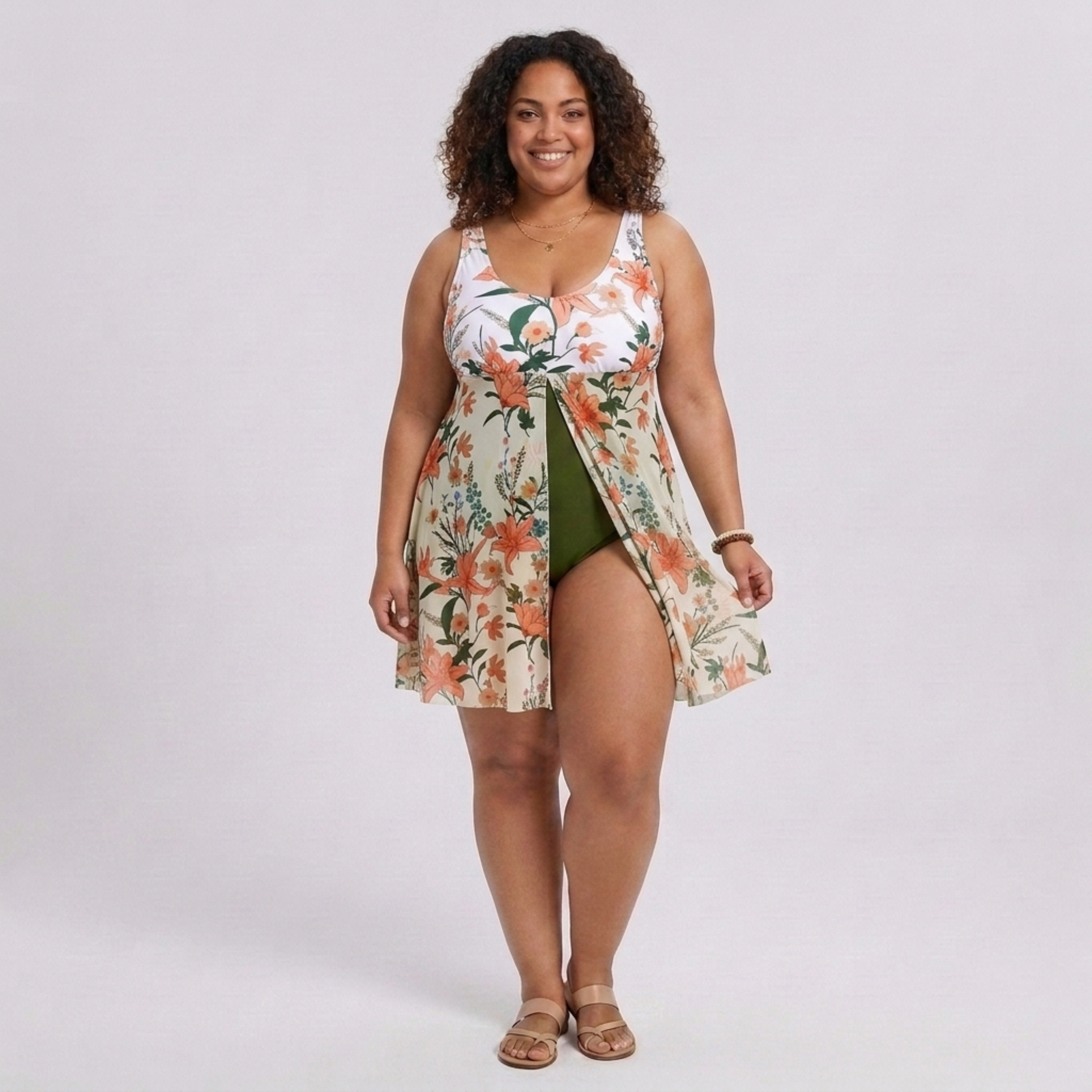 Maillot de bain une pièce grande taille pour femme avec paréo intégré imprimé fleuri
