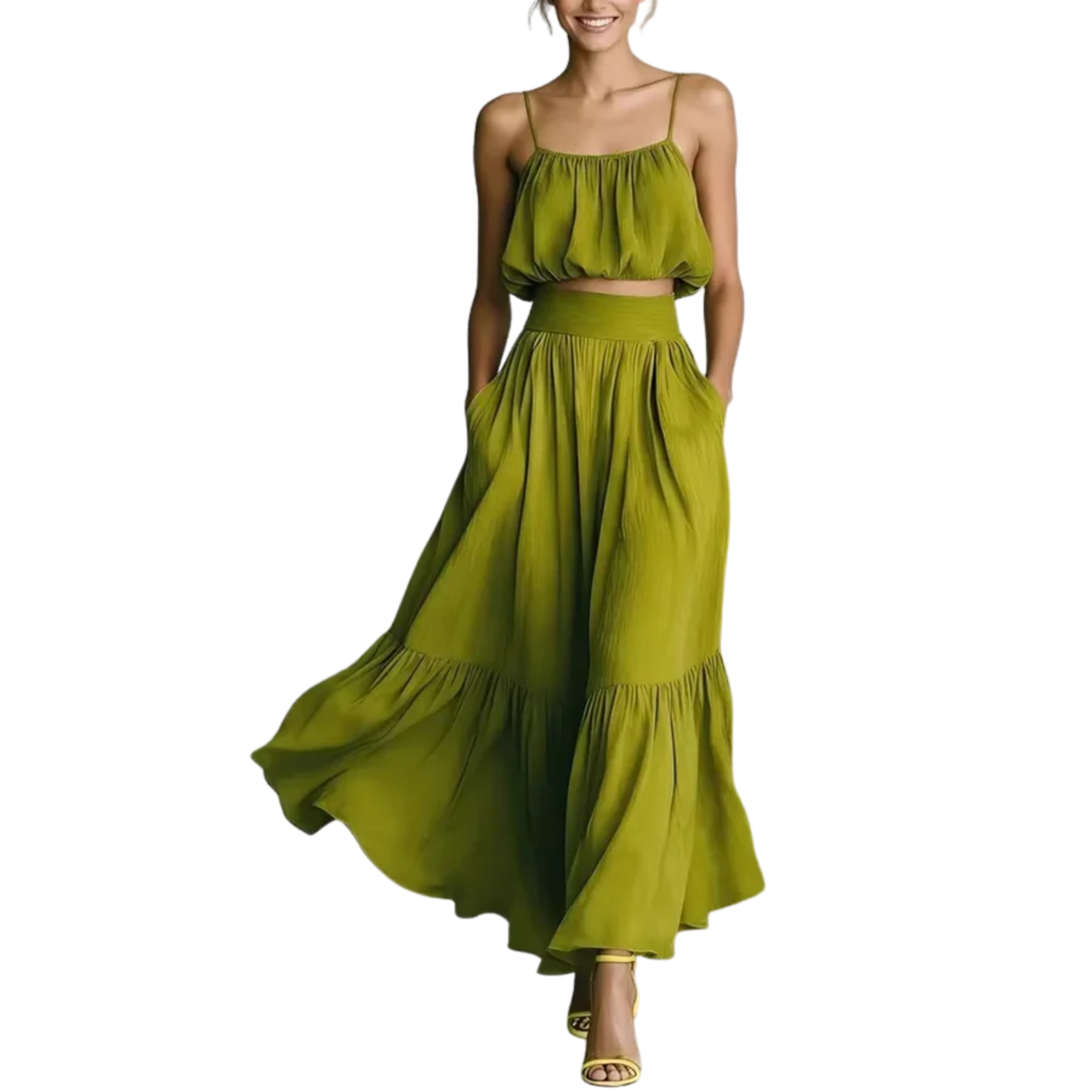 Ensemble crop top pour femmes et jupe longue — silhouette fluide — plage