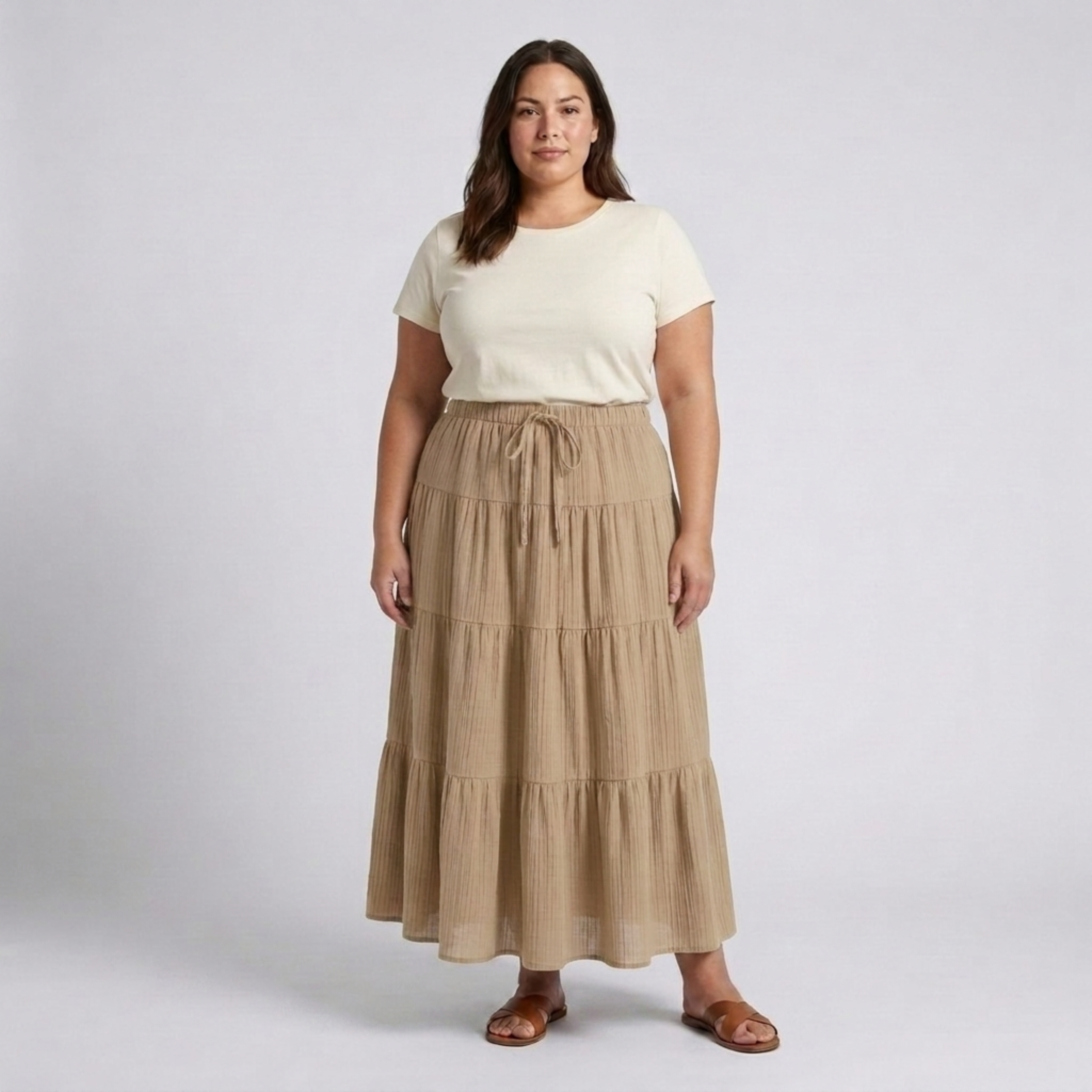 Jupe longue grande taille pour femme à panneaux et cordon de serrage