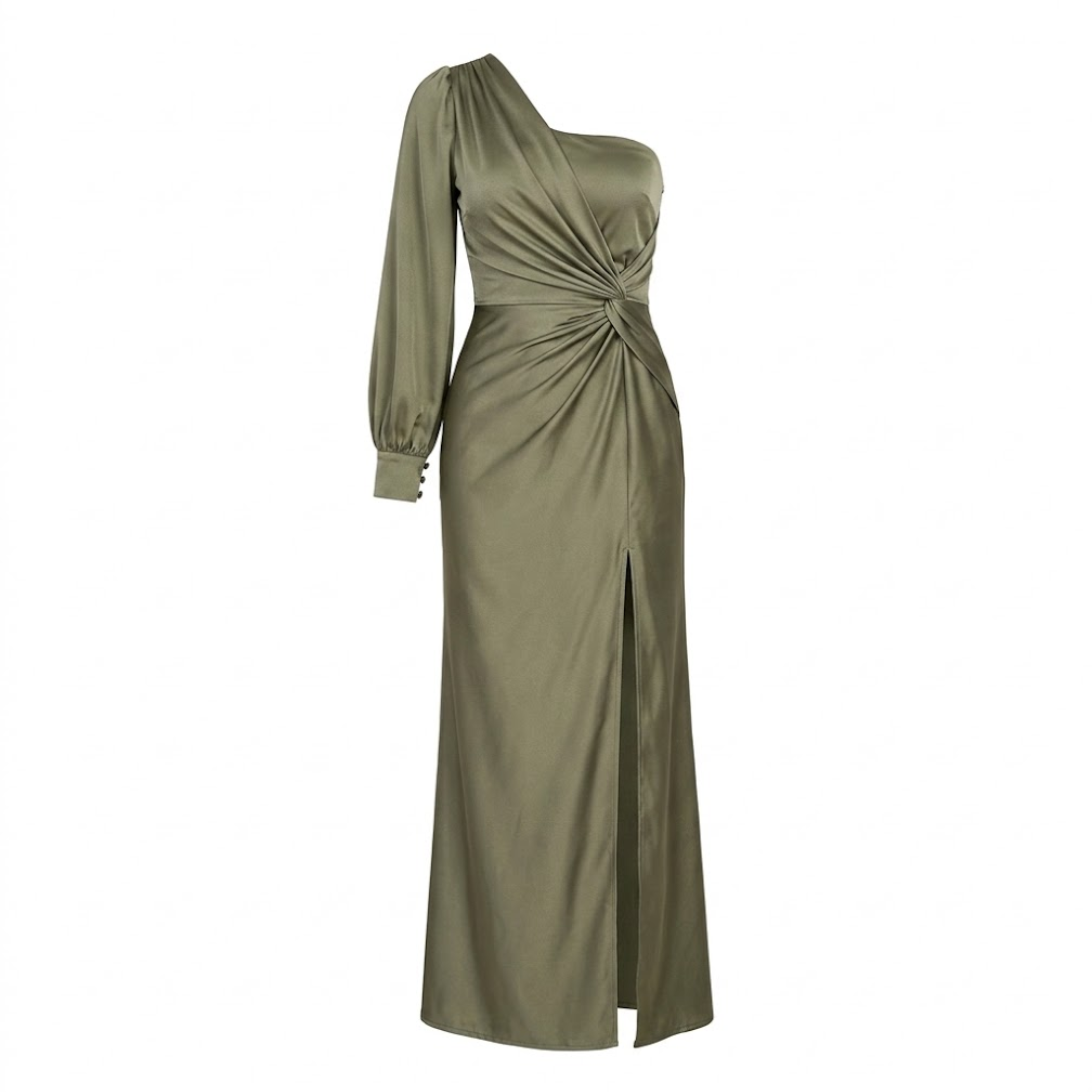 Robe Longue Satinée à Épaule Dénudée avec Nœud Drapé et Fente Latérale