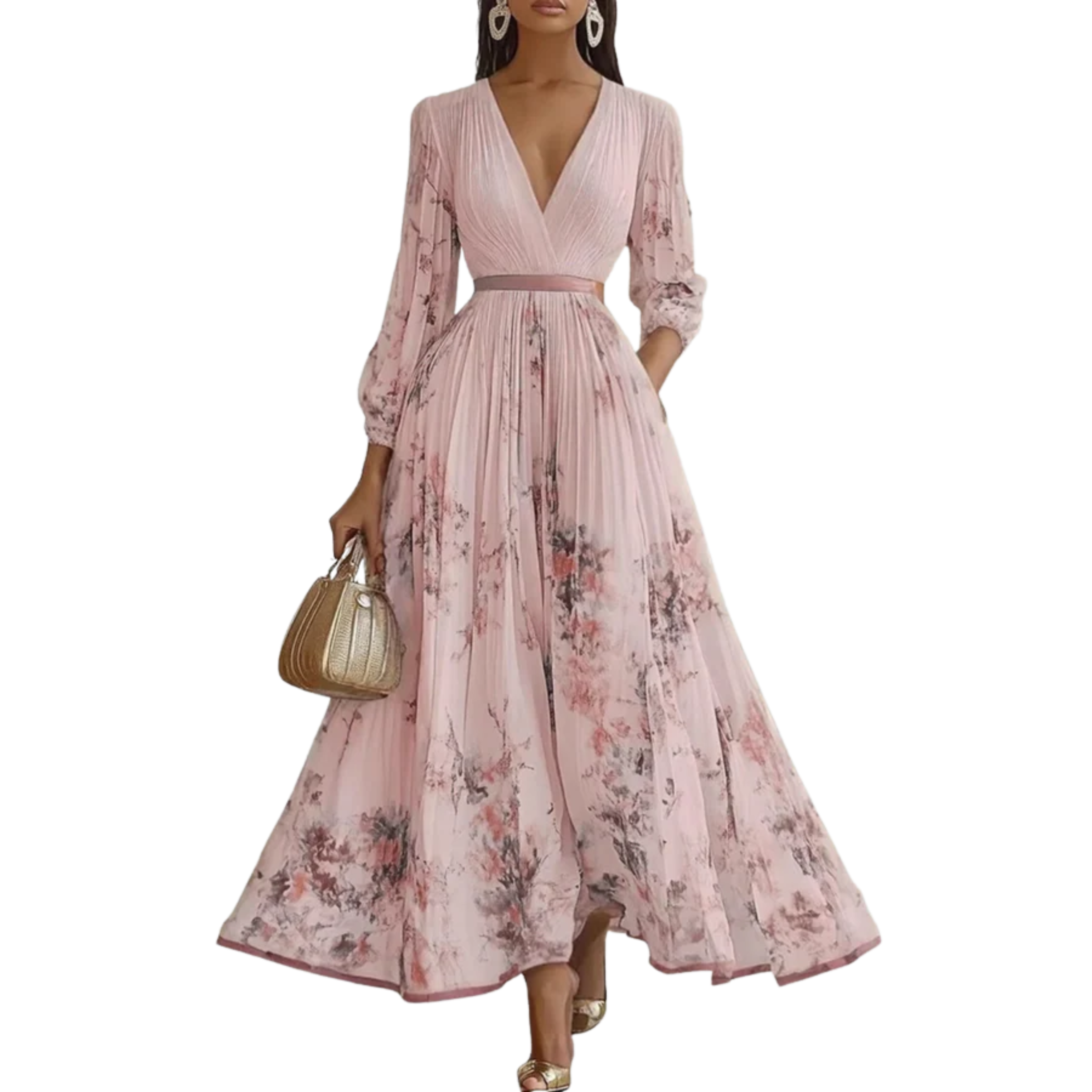 Robe fleurie mi-longue — col v et jupe à plis avec poches — vacances