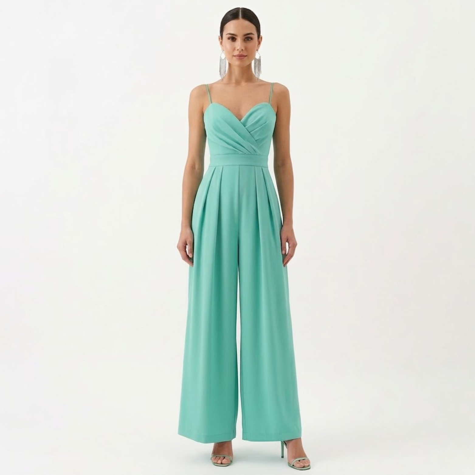 Combinaison Pantalon Large à Bretelles avec Col en V et Taille Haute pour Femmes
