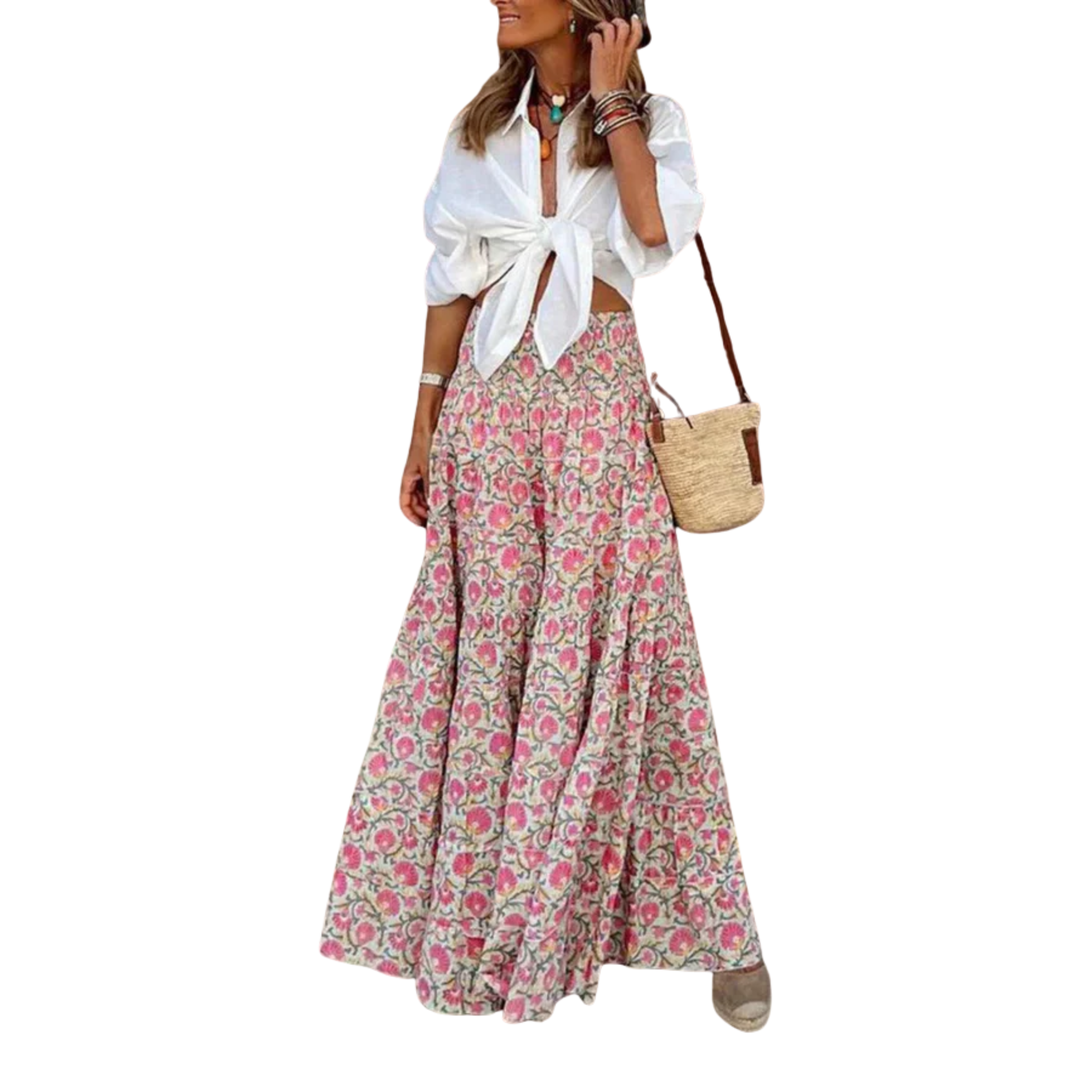 Jupe maxi longue bohème — taille haute élastique — vacances d'été