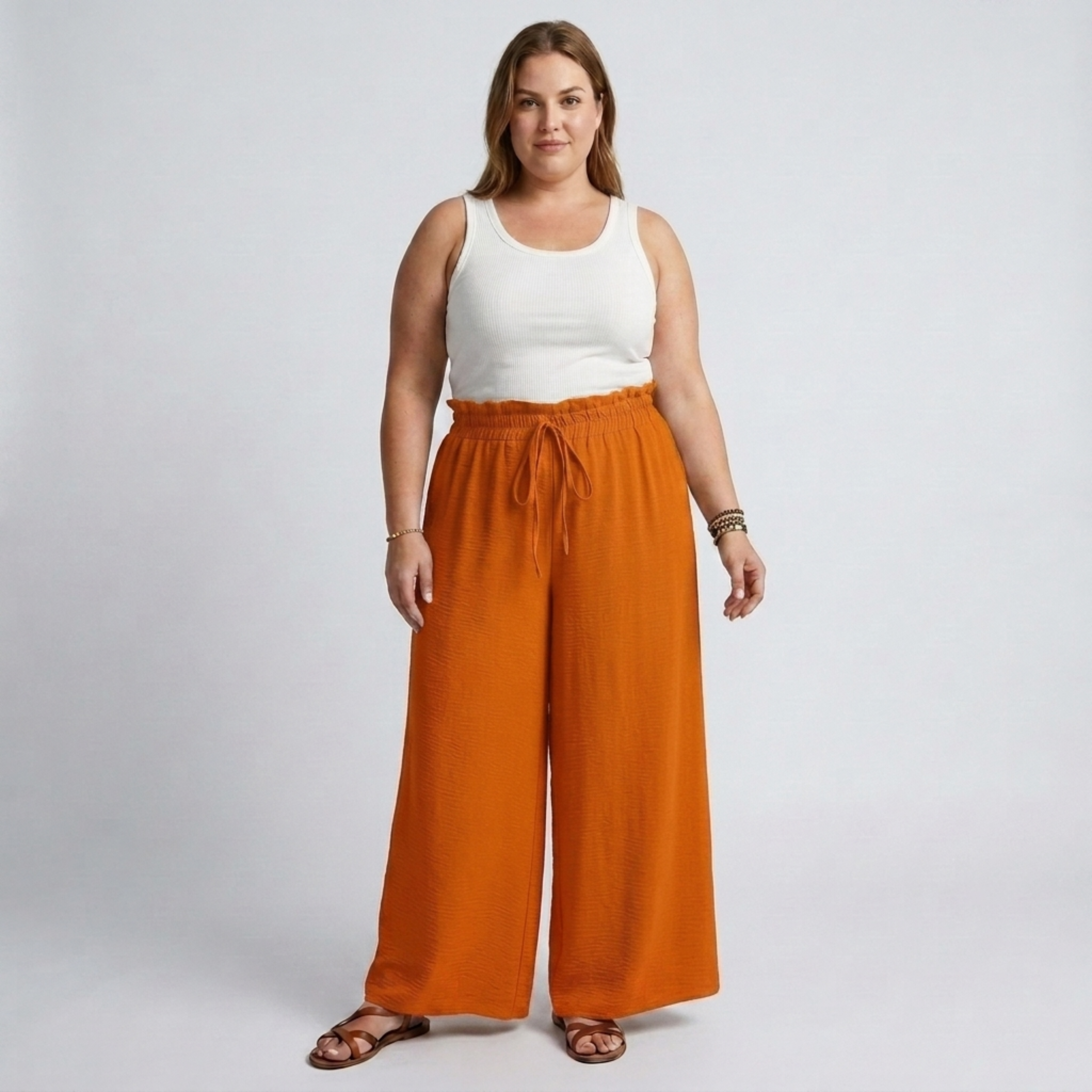 Pantalon large grande taille pour femme à taille élastique et cordon