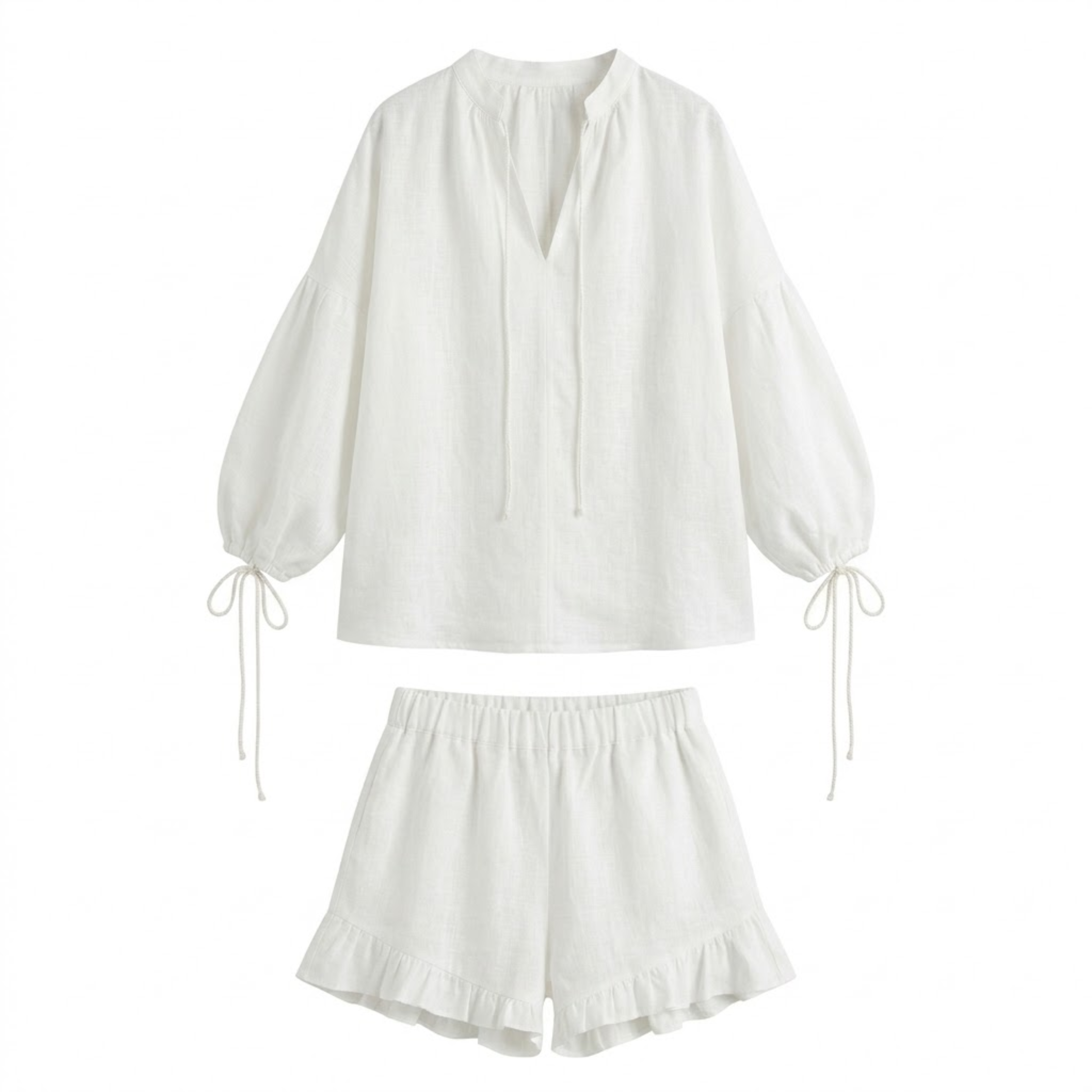 Ensemble Deux Pièces Femme avec Blouse à Manches Longues et Short à Volants