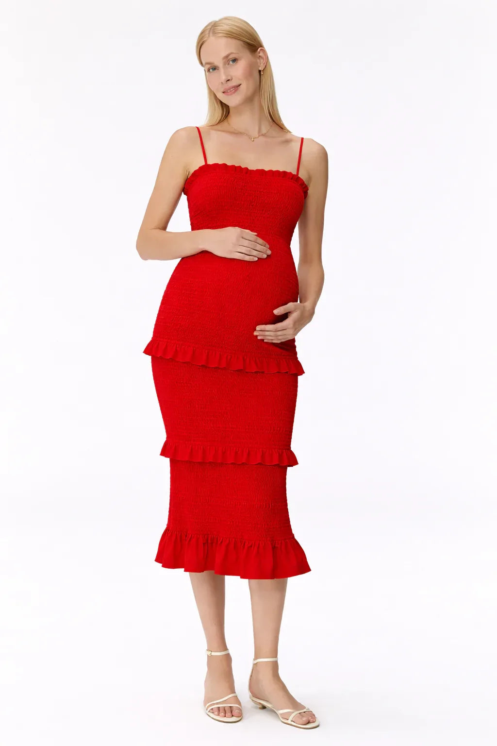 Robe maternité midi smockée à volants