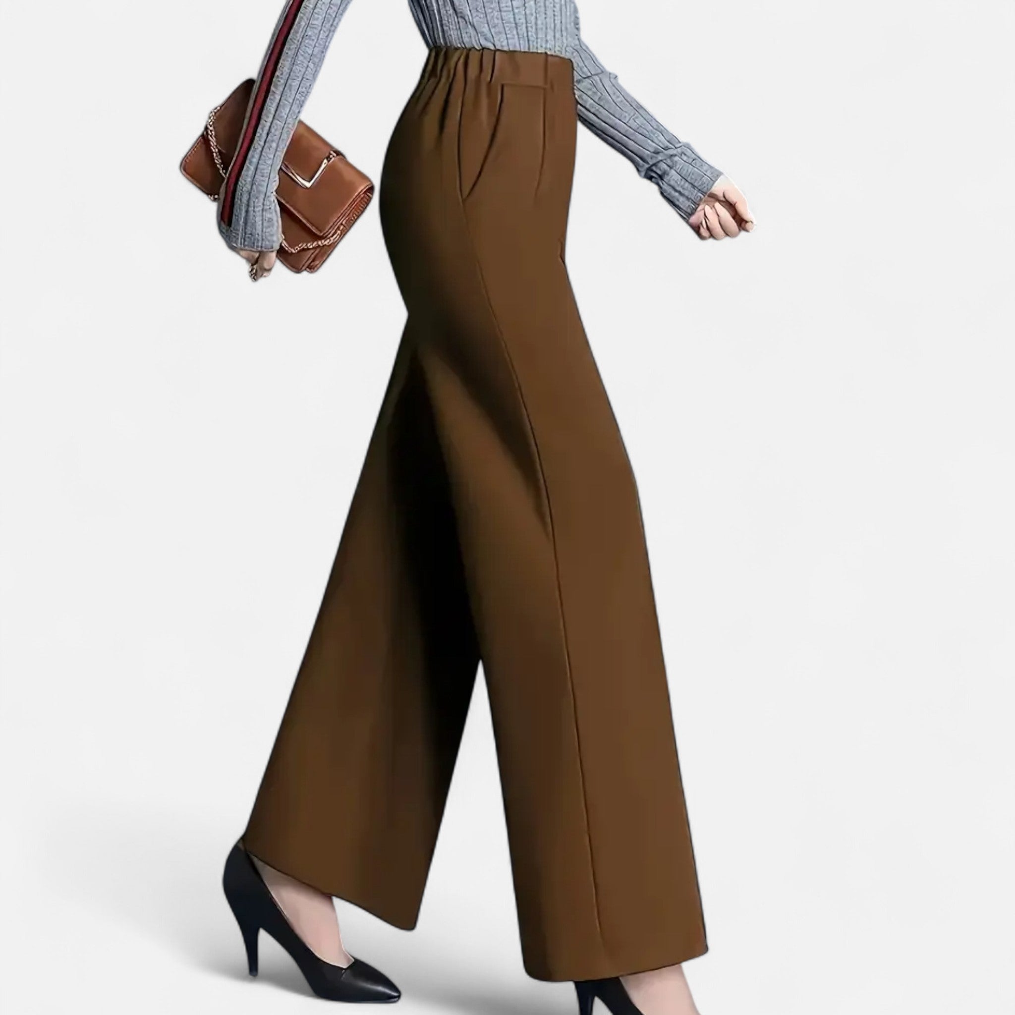 Pantalon Femme – Taille Haute Jambe Large Ourlet Revers Coupe Fluide