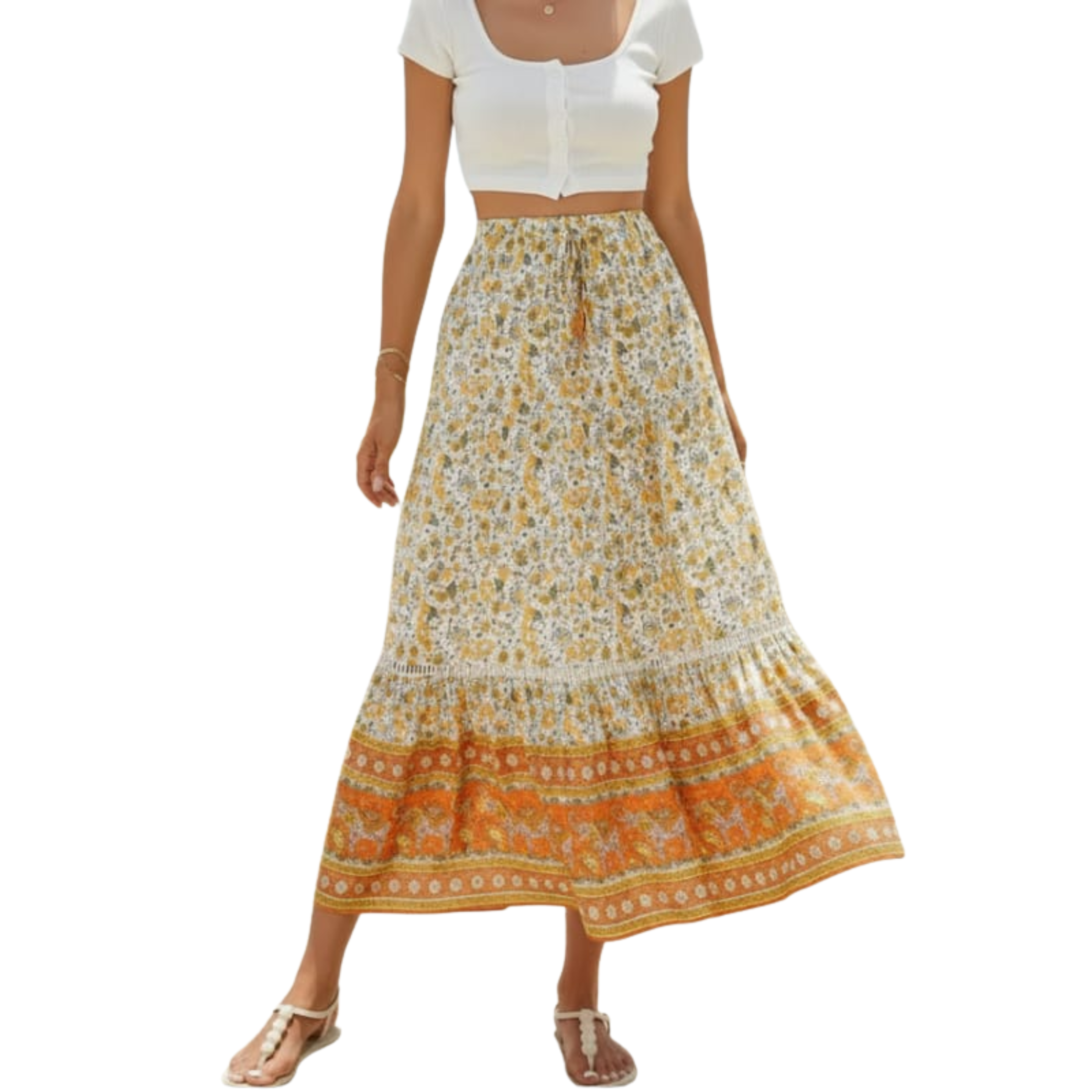 Jupe maxi longue fleurie — taille haute à lacets — tenue de plage