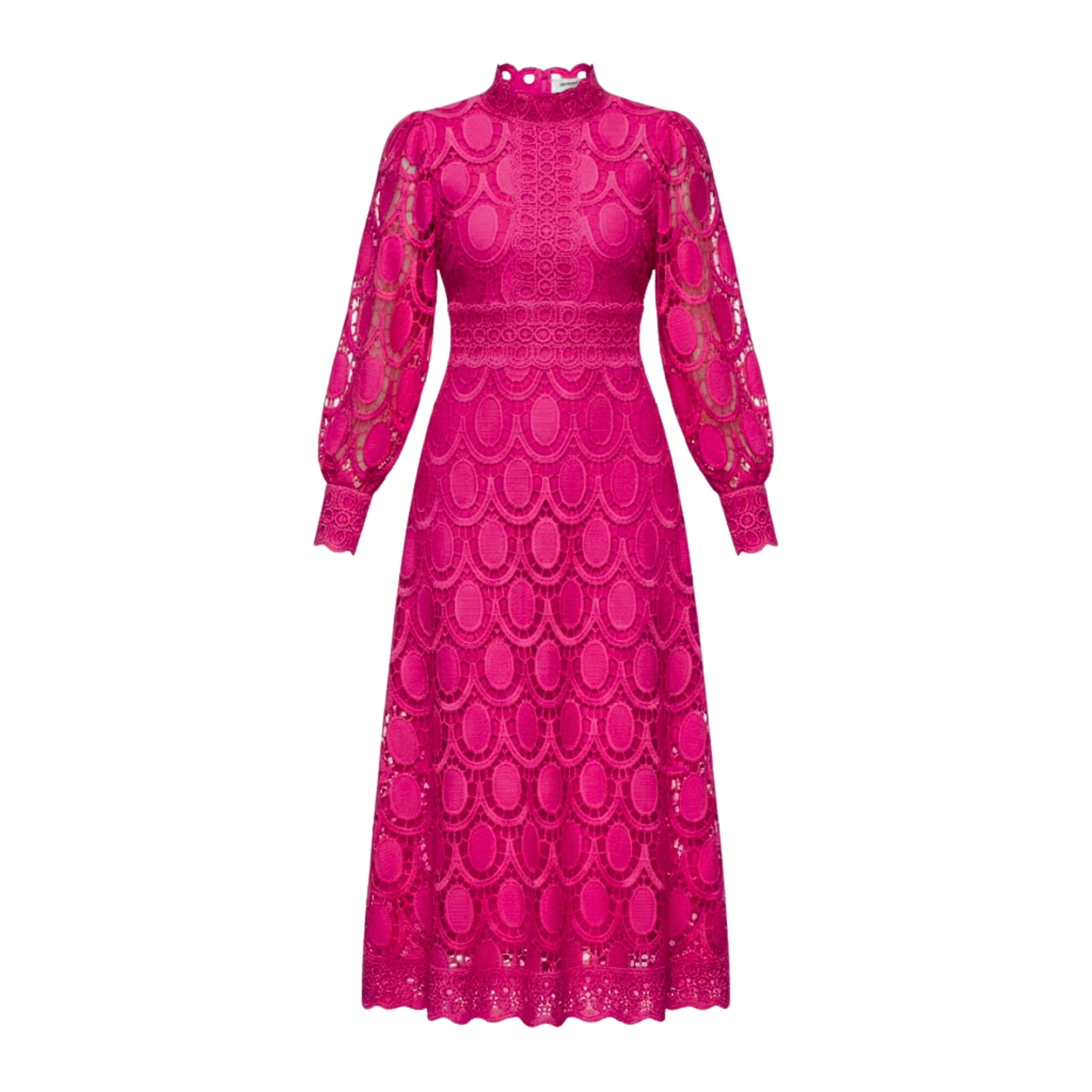 Robe Longue en Dentelle Ajourée avec Manches Bouffantes et Col Montant