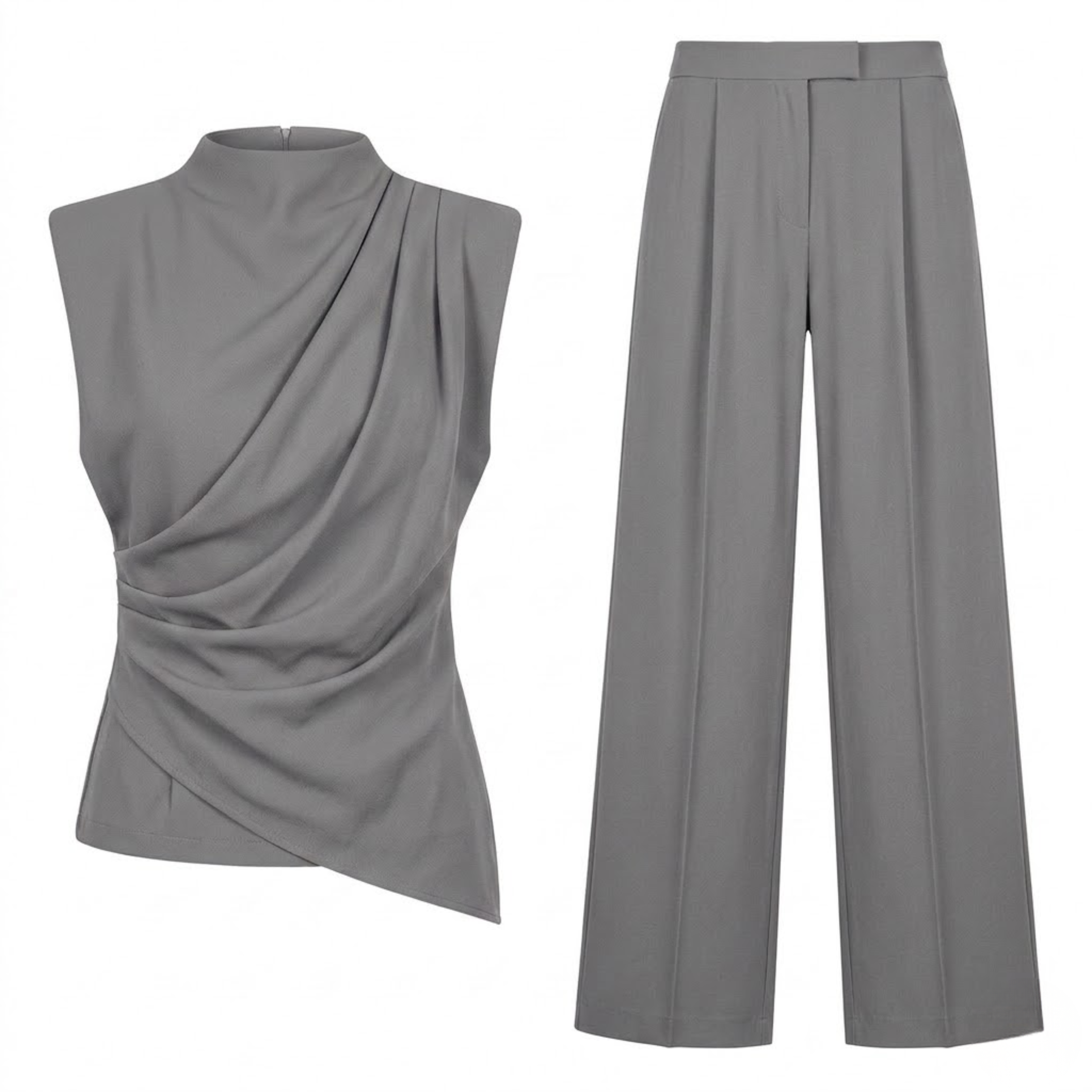 Ensemble Deux Pièces Femme avec Top Sans Manches Drapé et Pantalon Large Fluide