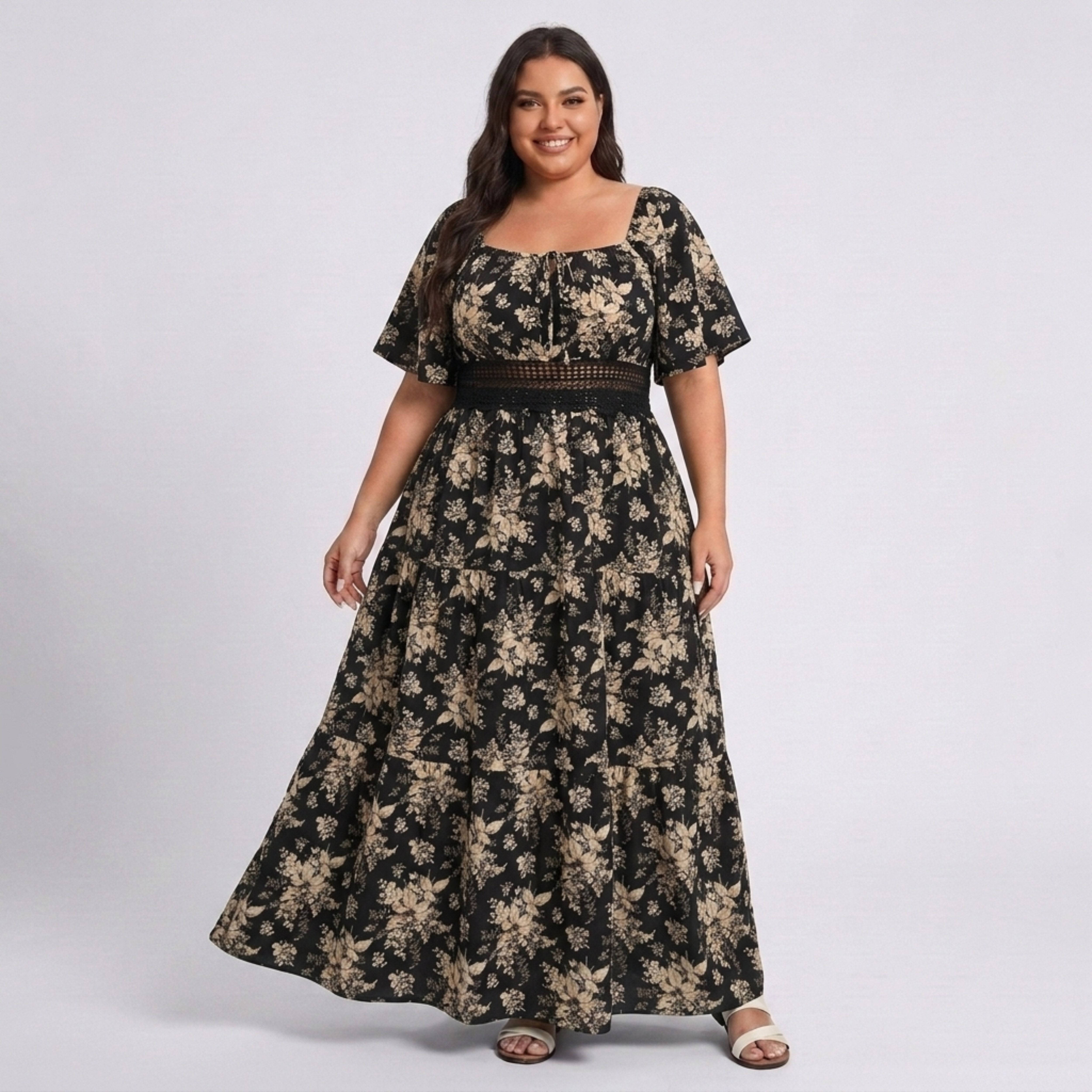 Robe longue grande taille imprimée champêtre à col carré et manches papillon