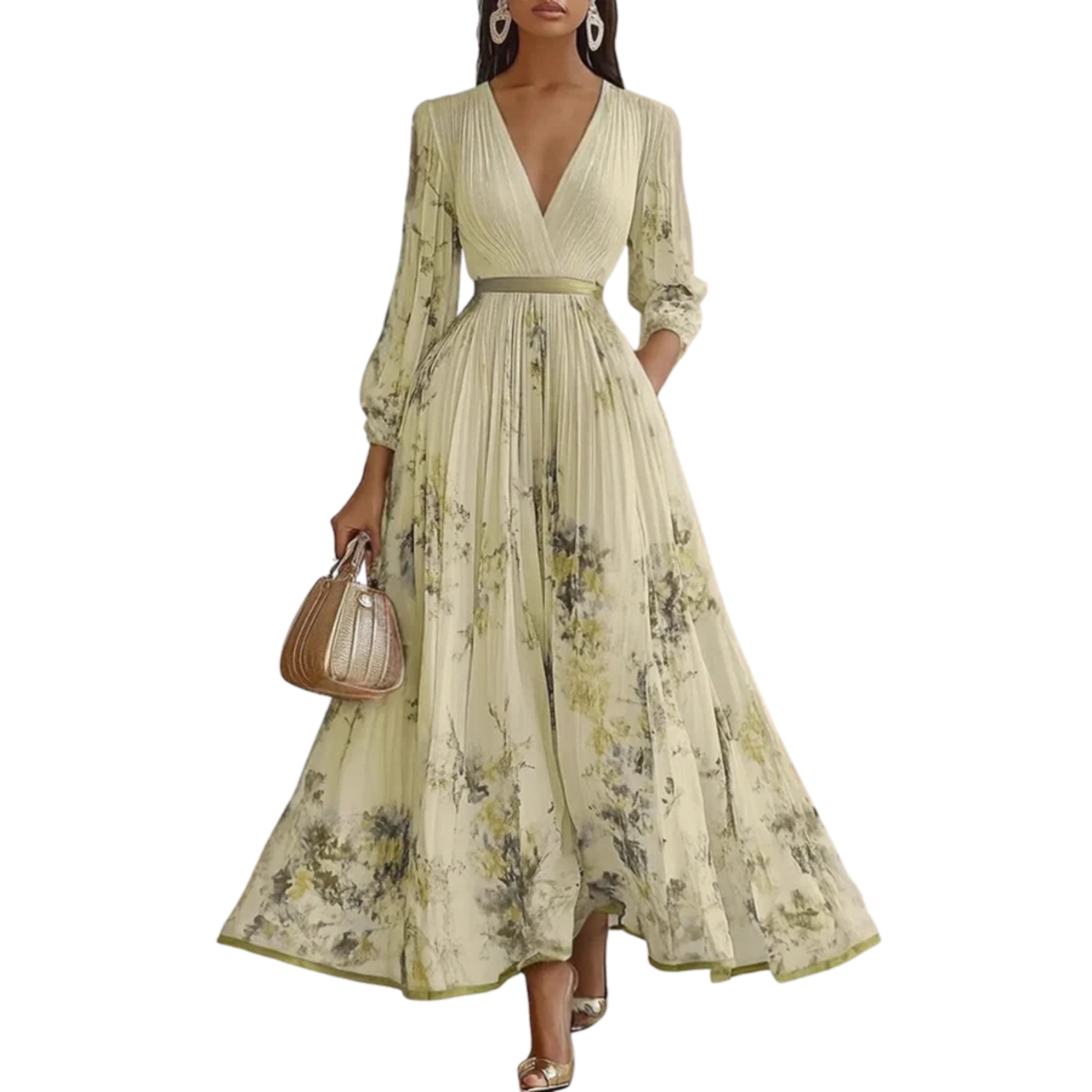 Robe fleurie mi-longue — col v et jupe à plis avec poches — vacances