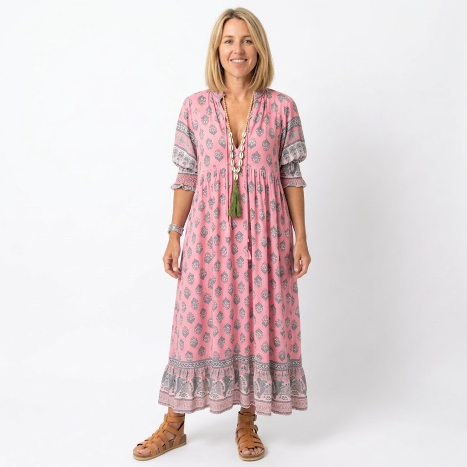 Robe Midi de Style Boho pour Femmes avec Imprimé Floral, Col en V et Manches Lanternes