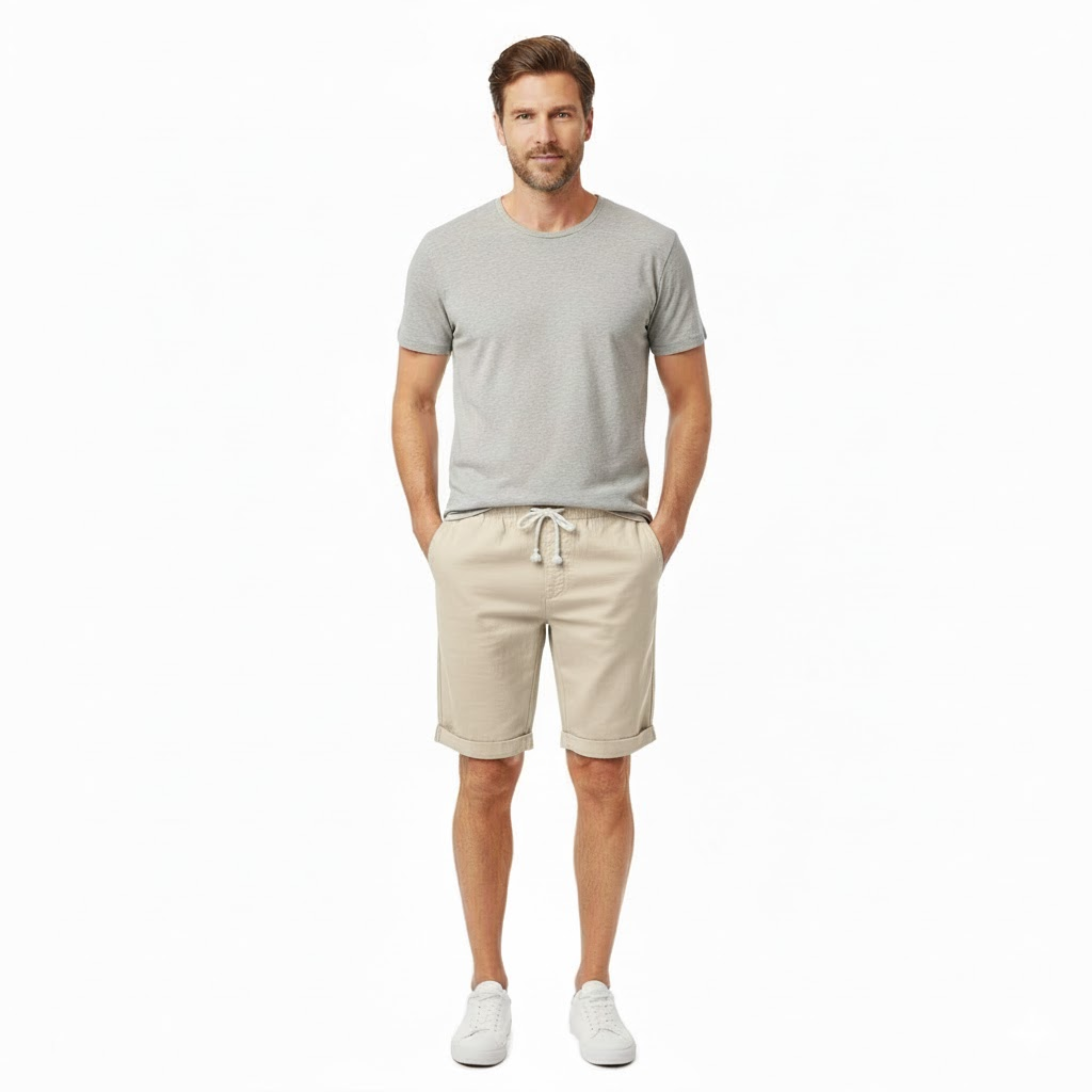 Short pour Hommes en 100 % Lin avec Taille Élastique à Cordon et Coupe Droite