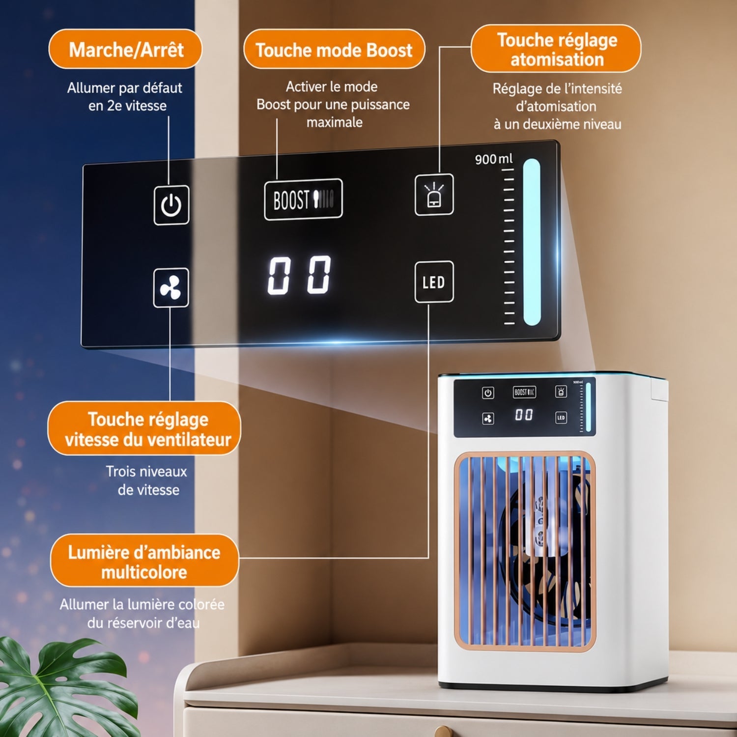 Rafraîchisseur d’Air USB Compact avec Brumisation et 3 Vitesses