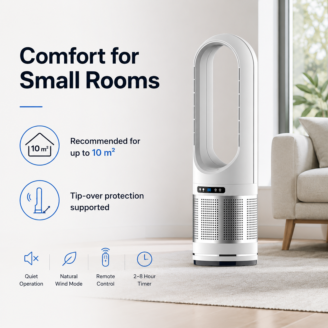 Vertical Bladeless Fan with Remote Control, Oscillation, and Timer