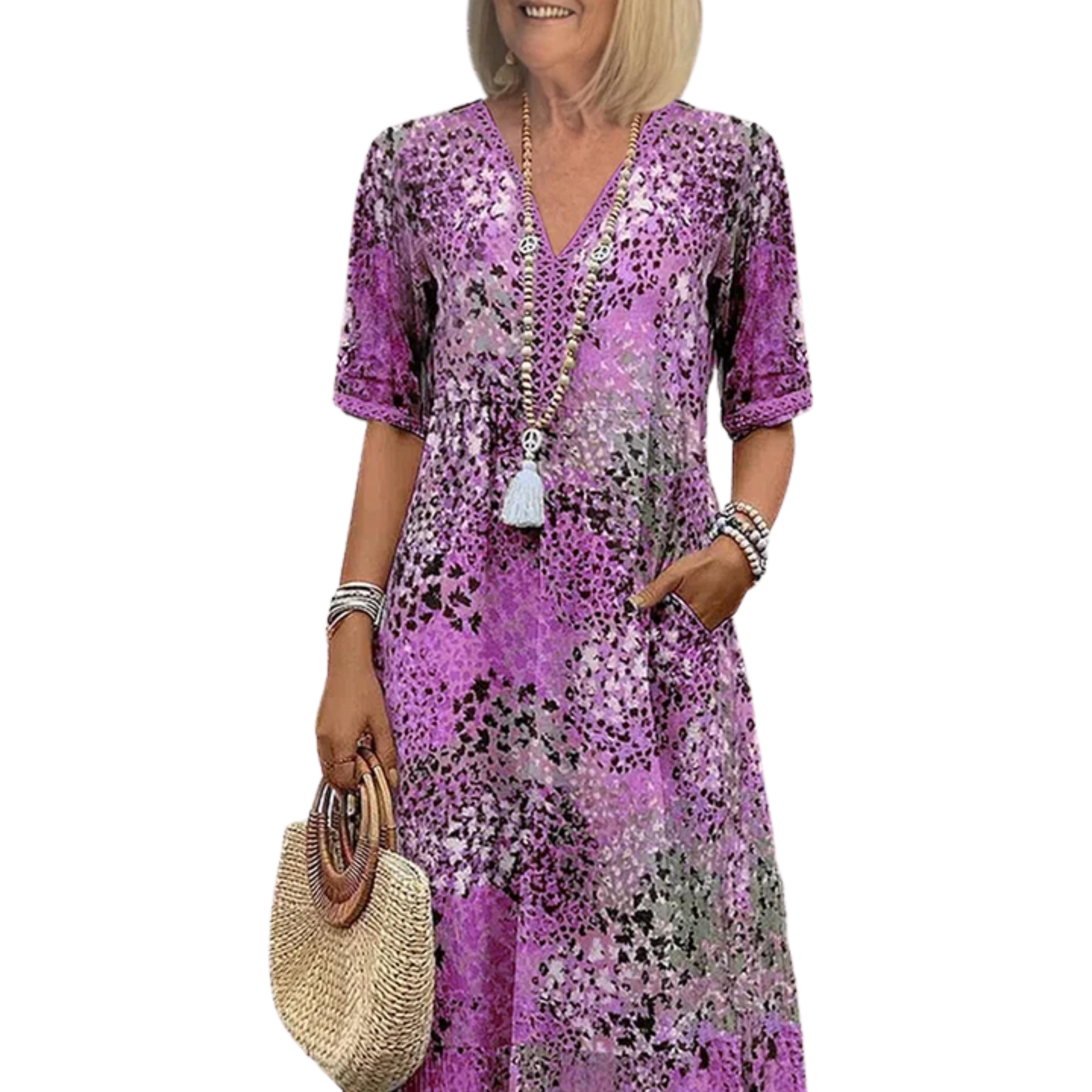 Robe évasée mi-longue femme — motif imprimé et col V — loisirs