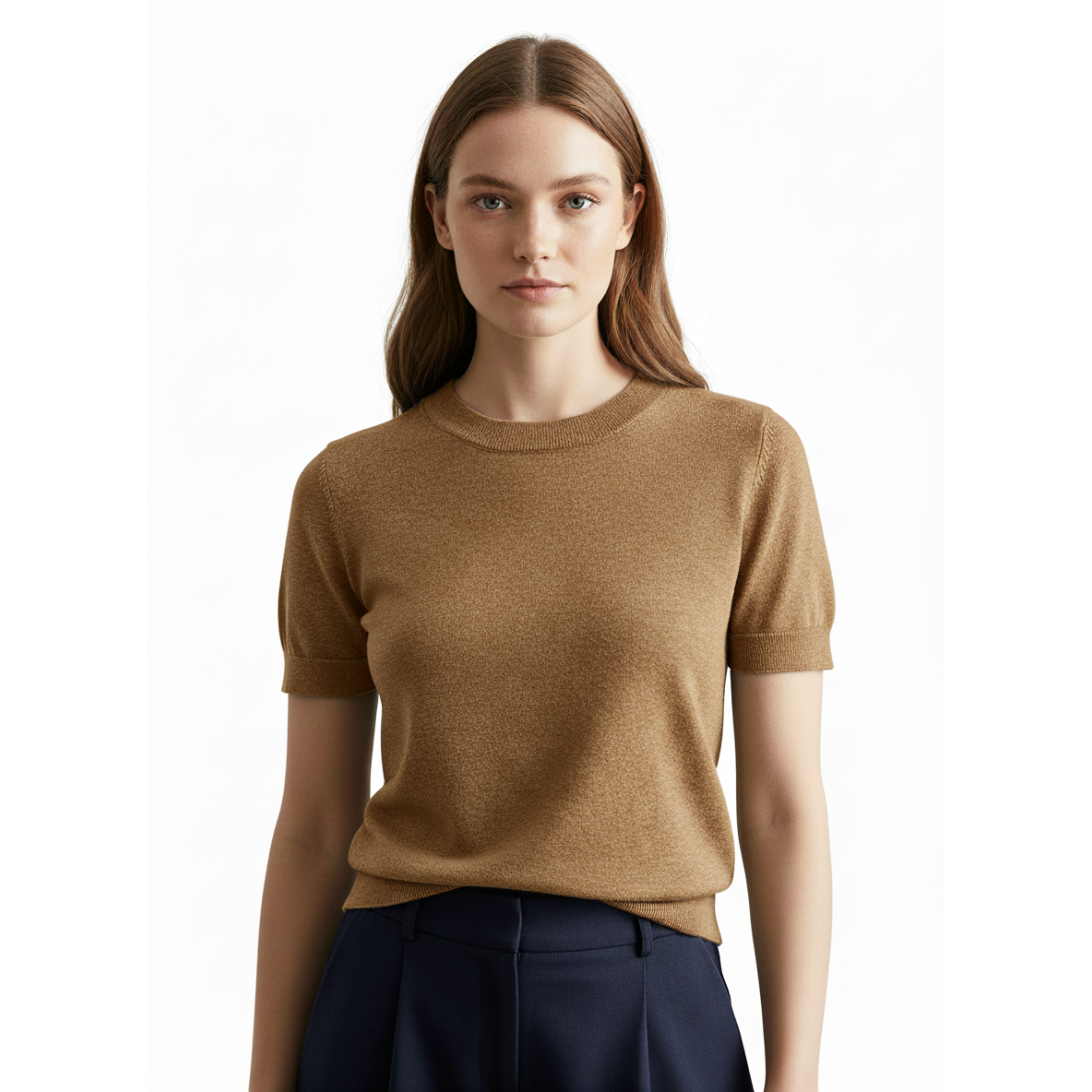 T-shirt en Maille Fine pour Femme à Col Rond et Manches Courtes Ajustées