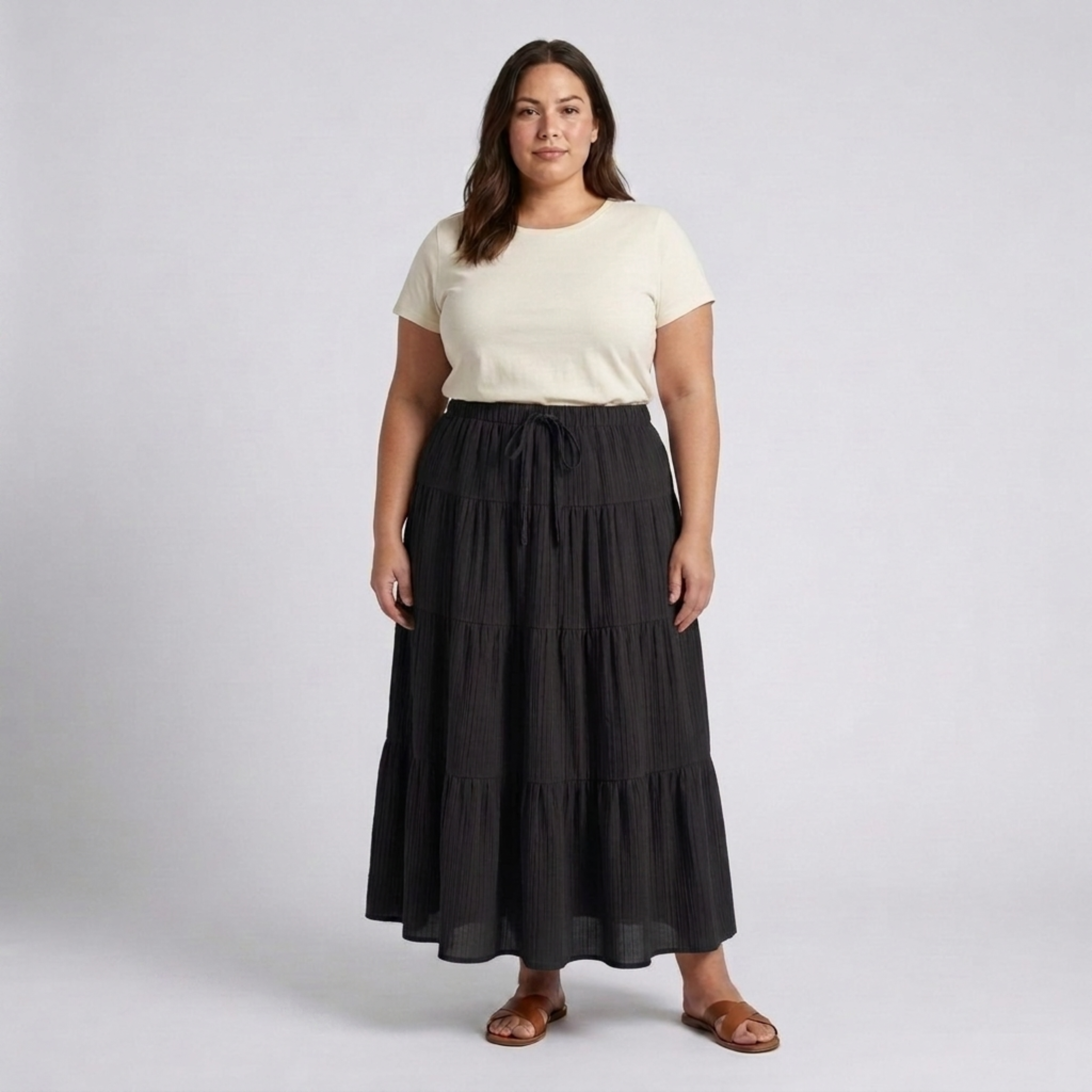 Jupe longue grande taille pour femme à panneaux et cordon de serrage