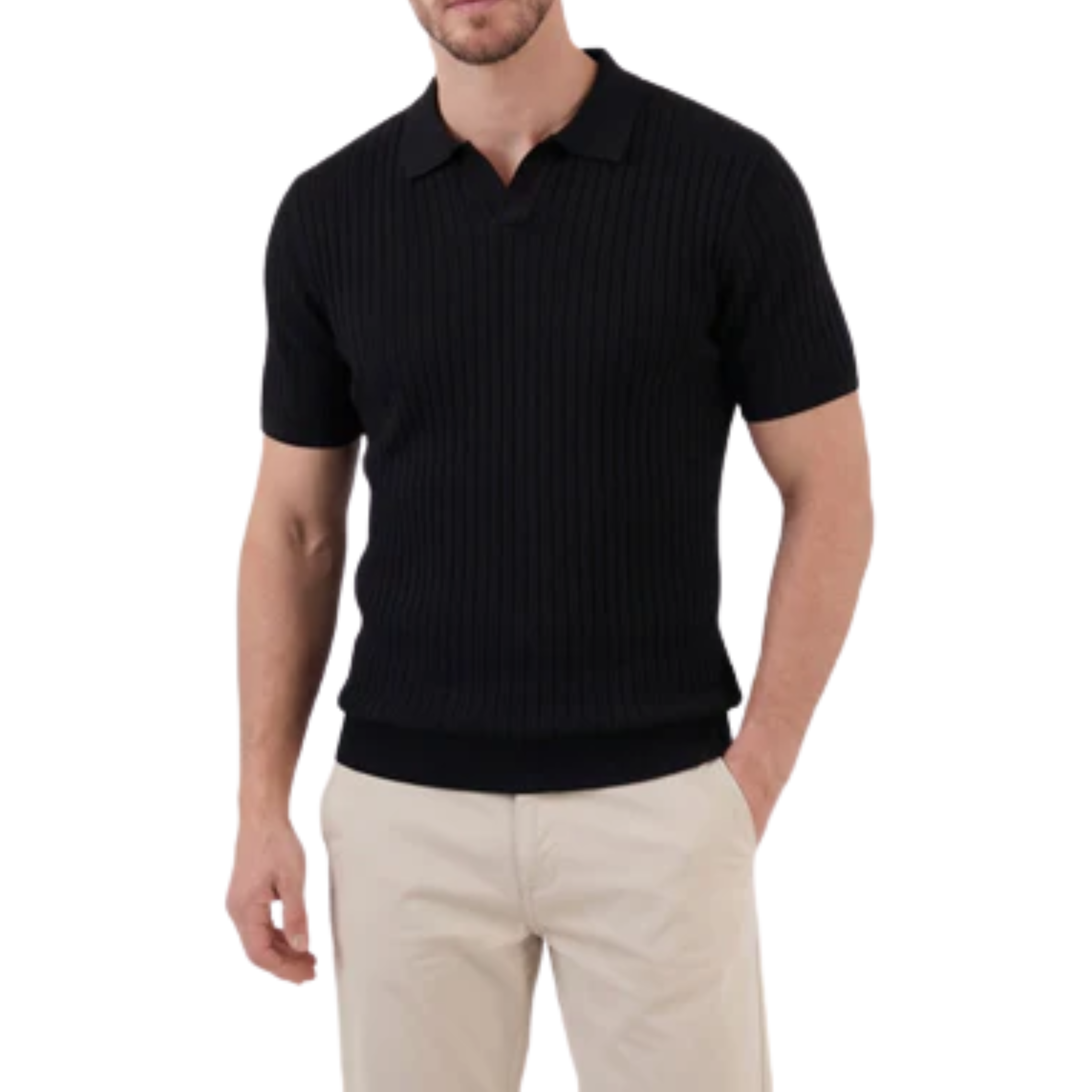 Polo homme en maille côtelée avec col en v et manches courtes — détente