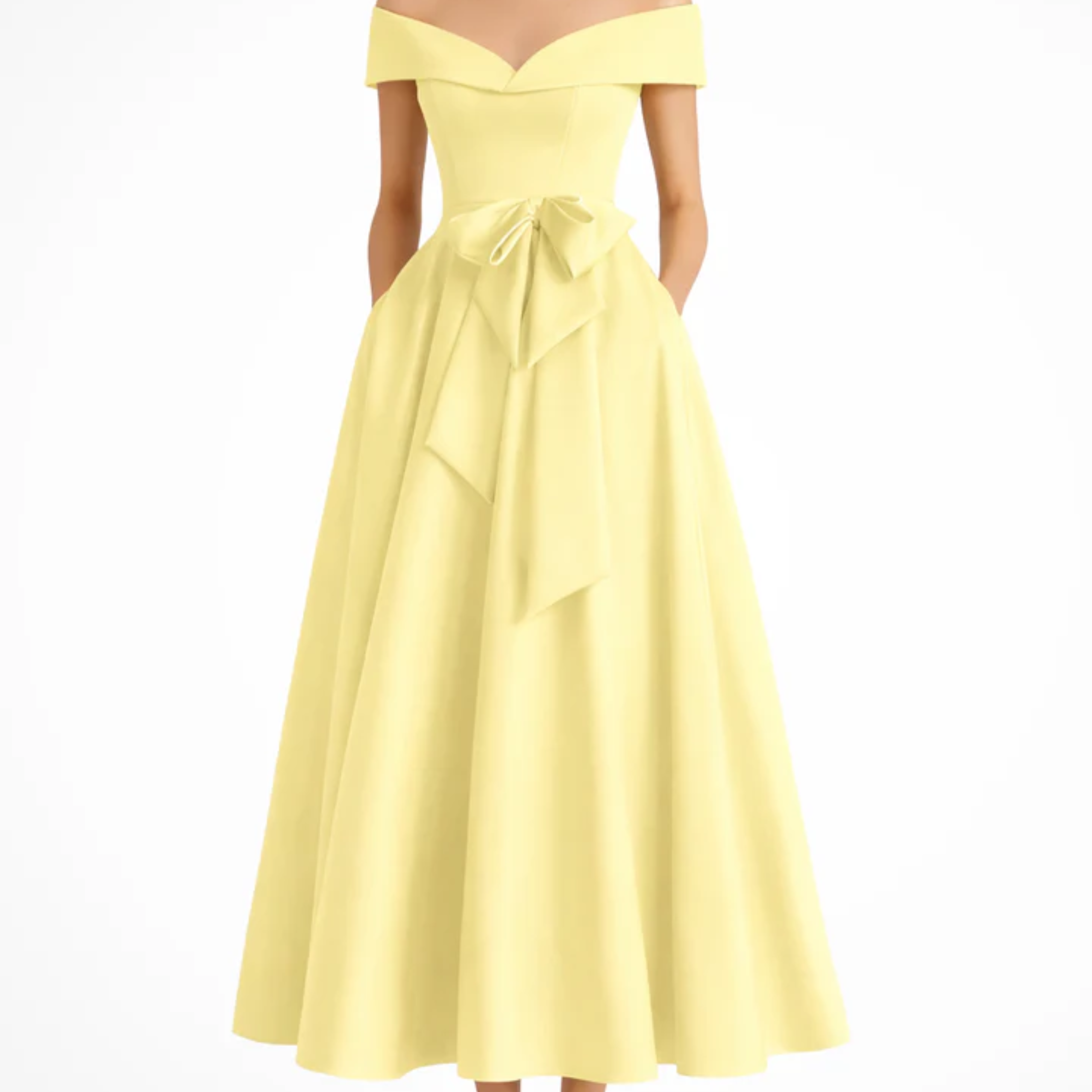 Robe Invitée de Mariage Midi Évasée à Épaules Dénudées avec Nœud à la Taille