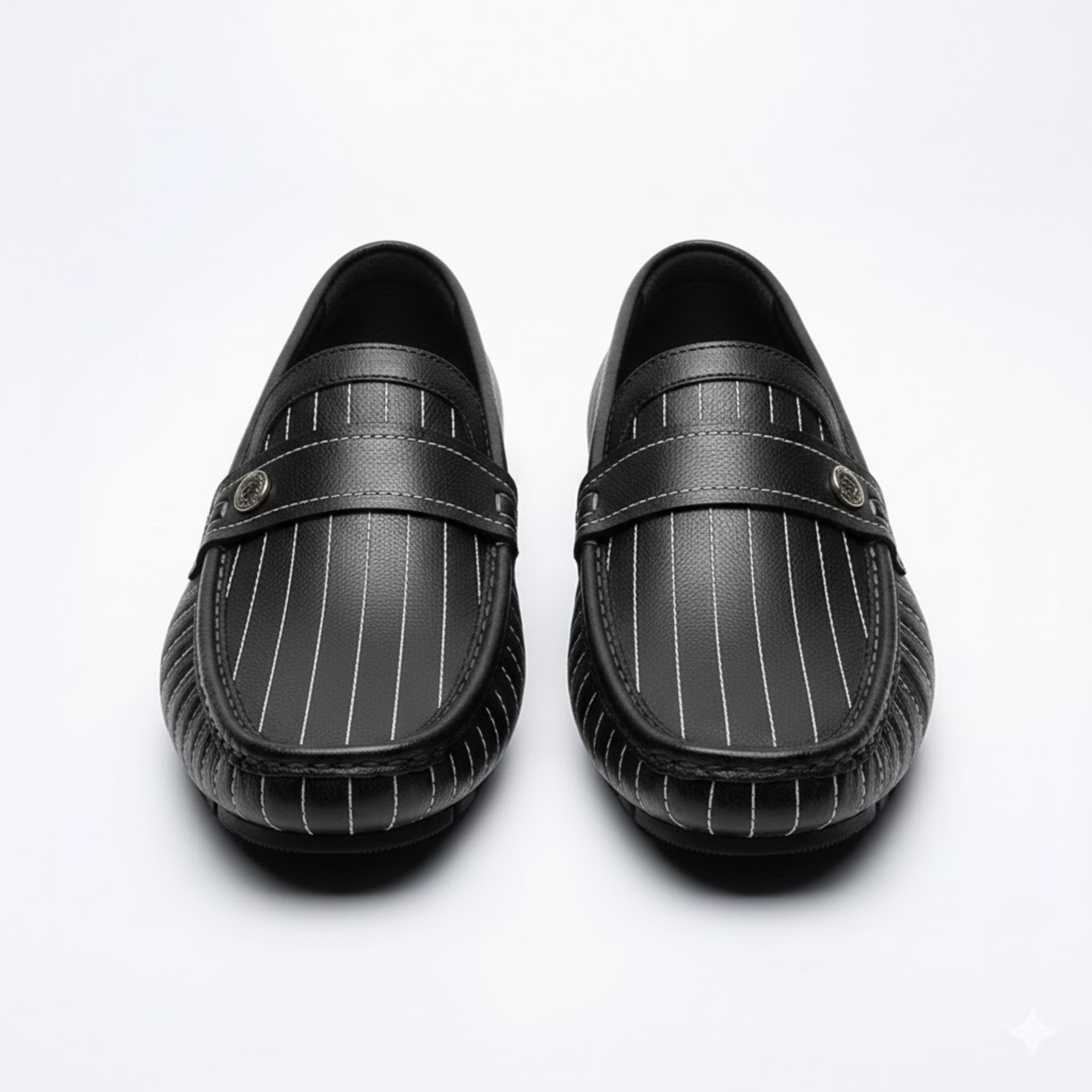 Mocassins en Cuir Véritable pour Hommes à Rayures et Bouton Décoratif à Enfiler