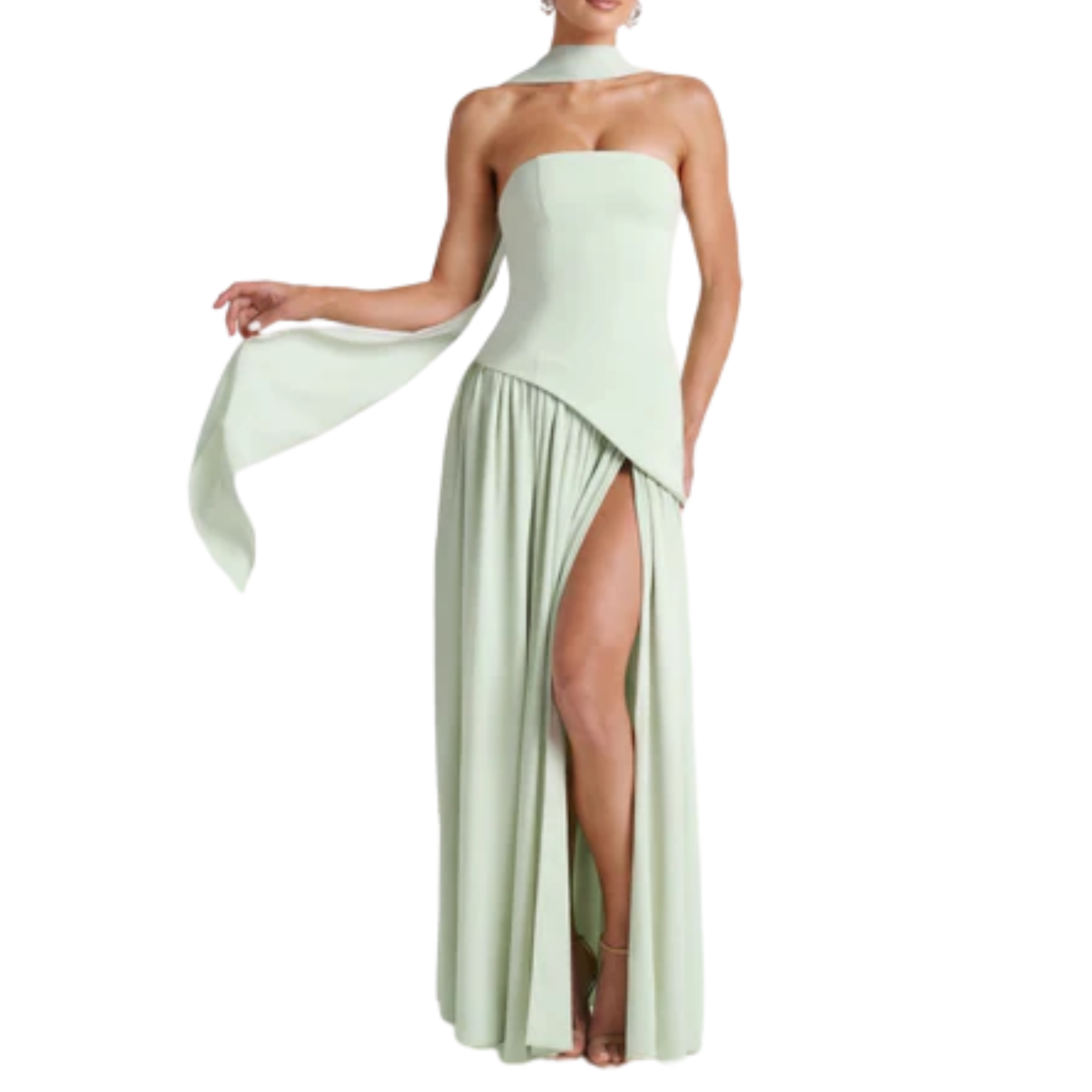 Robe de gala longue — décolleté écharpe et jupe plissée fendue | cérémonie