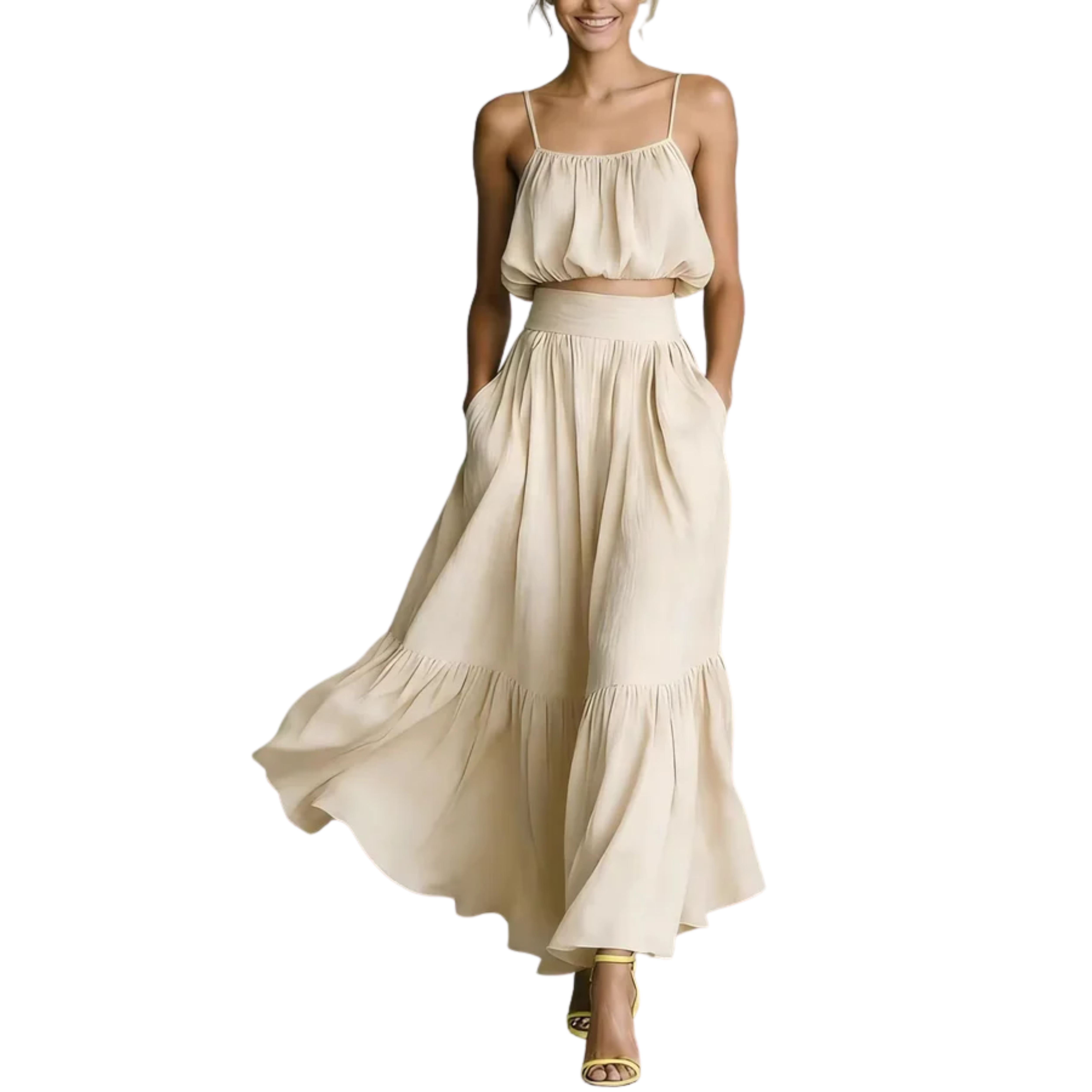 Ensemble crop top pour femmes et jupe longue — silhouette fluide — plage