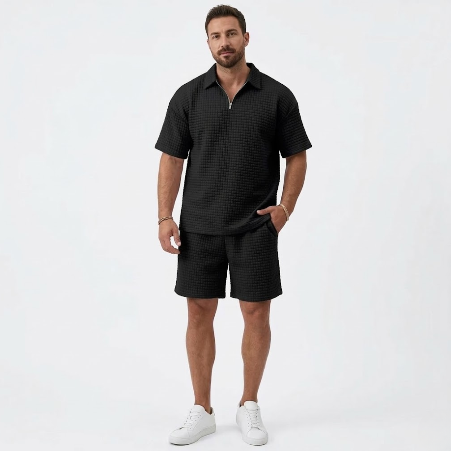 Ensemble Décontracté pour Homme avec Chemise à Revers et Short à Carreaux
