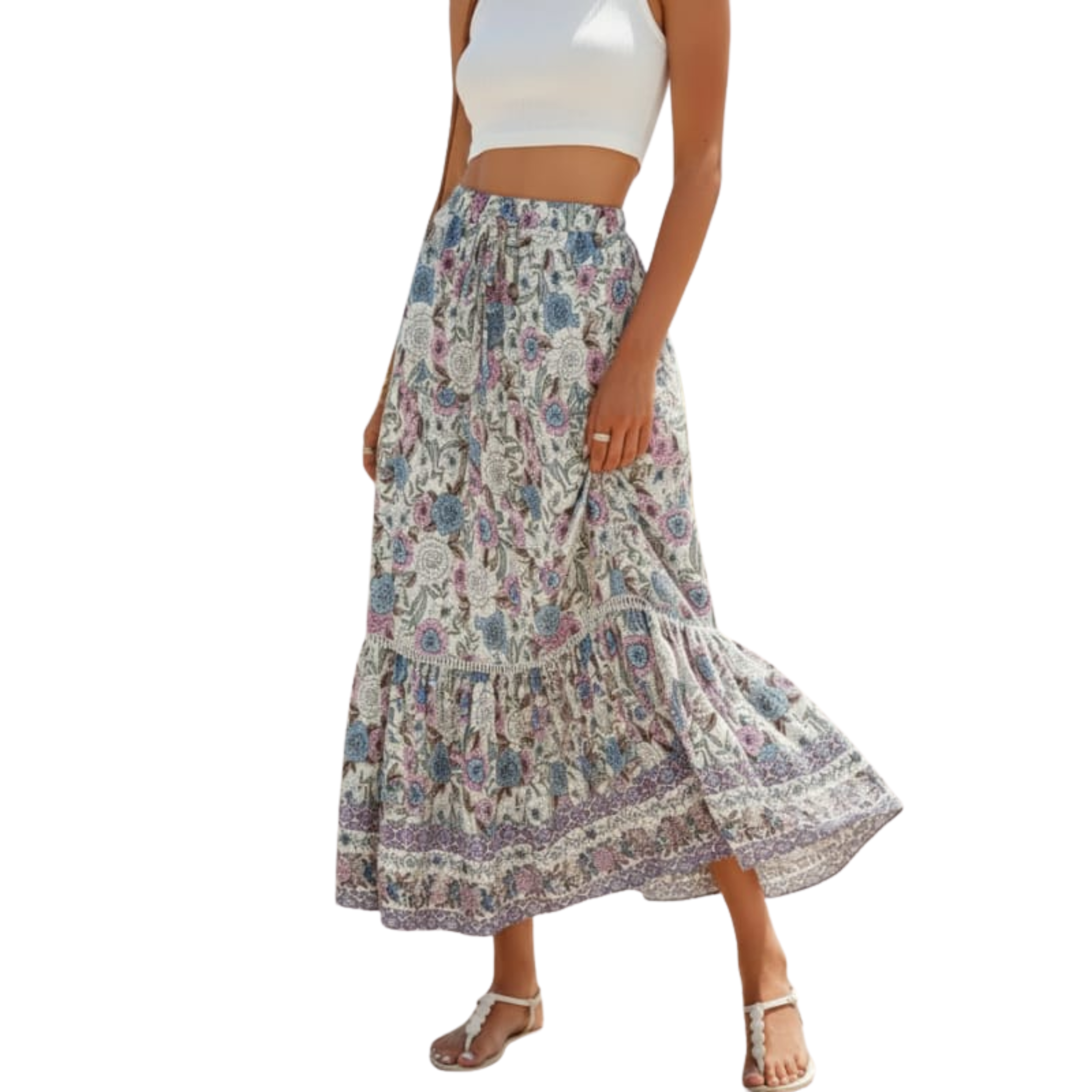 Jupe maxi longue fleurie — taille haute à lacets — tenue de plage