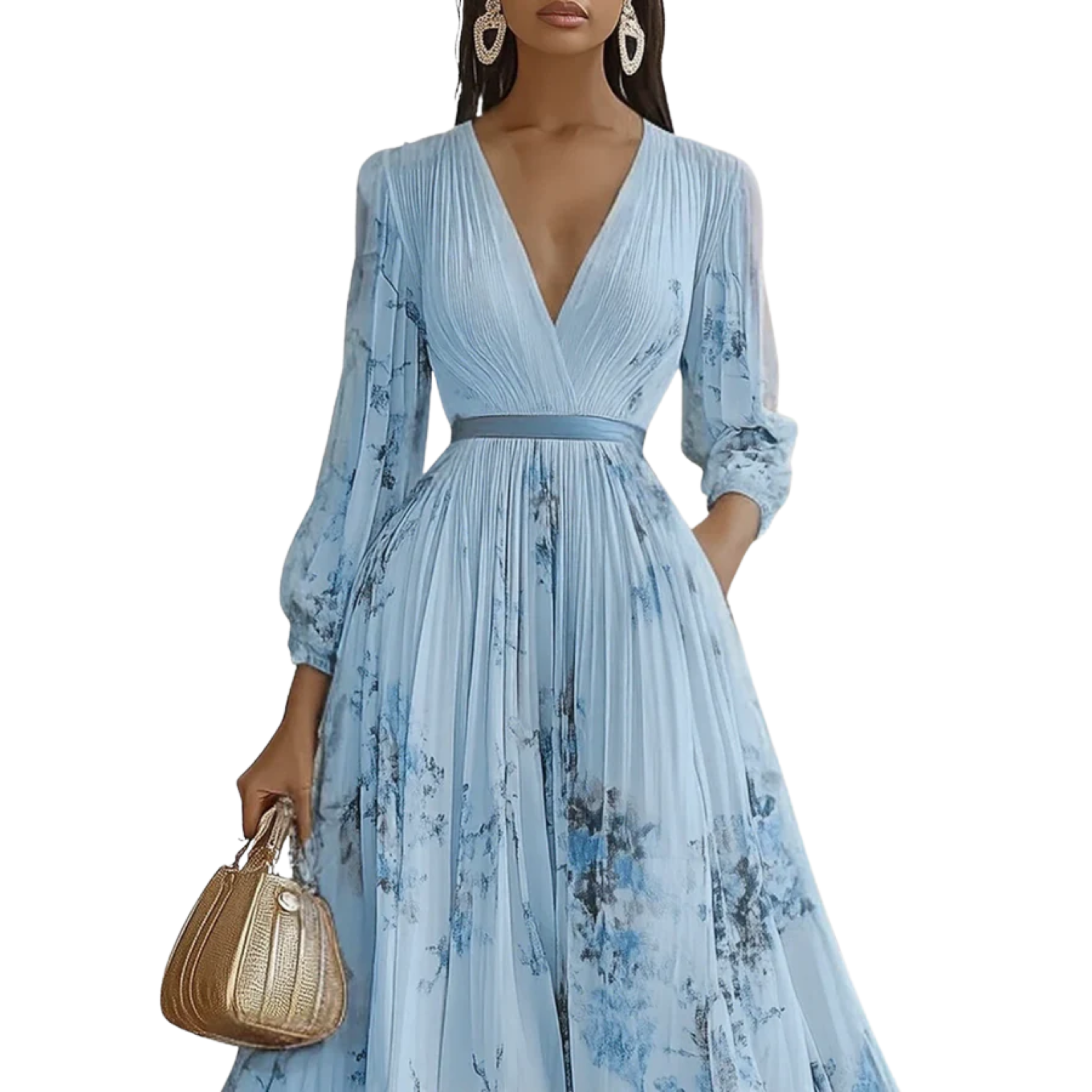 Robe fleurie mi-longue — col v et jupe à plis avec poches — vacances