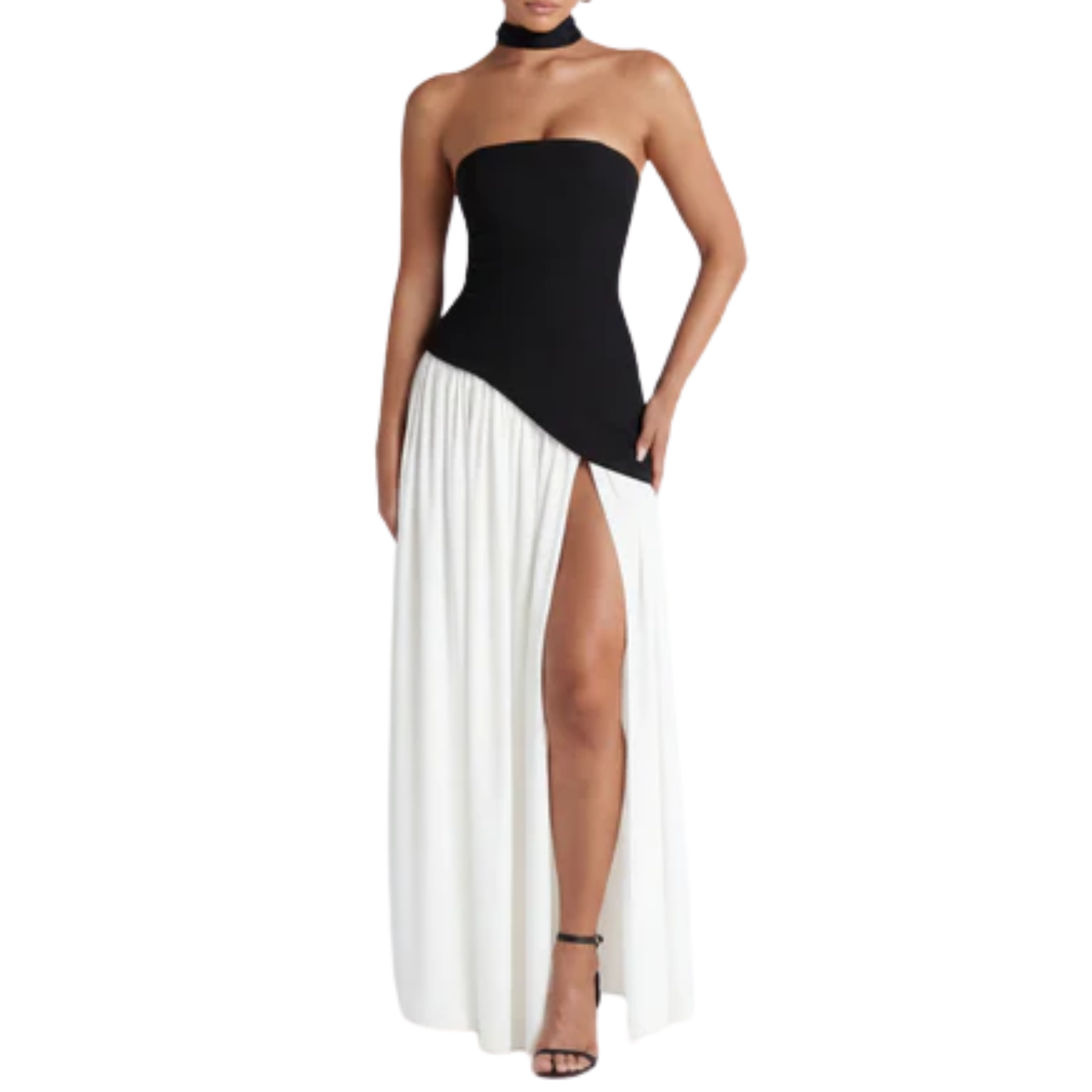 Robe de gala longue — décolleté écharpe et jupe plissée fendue | cérémonie