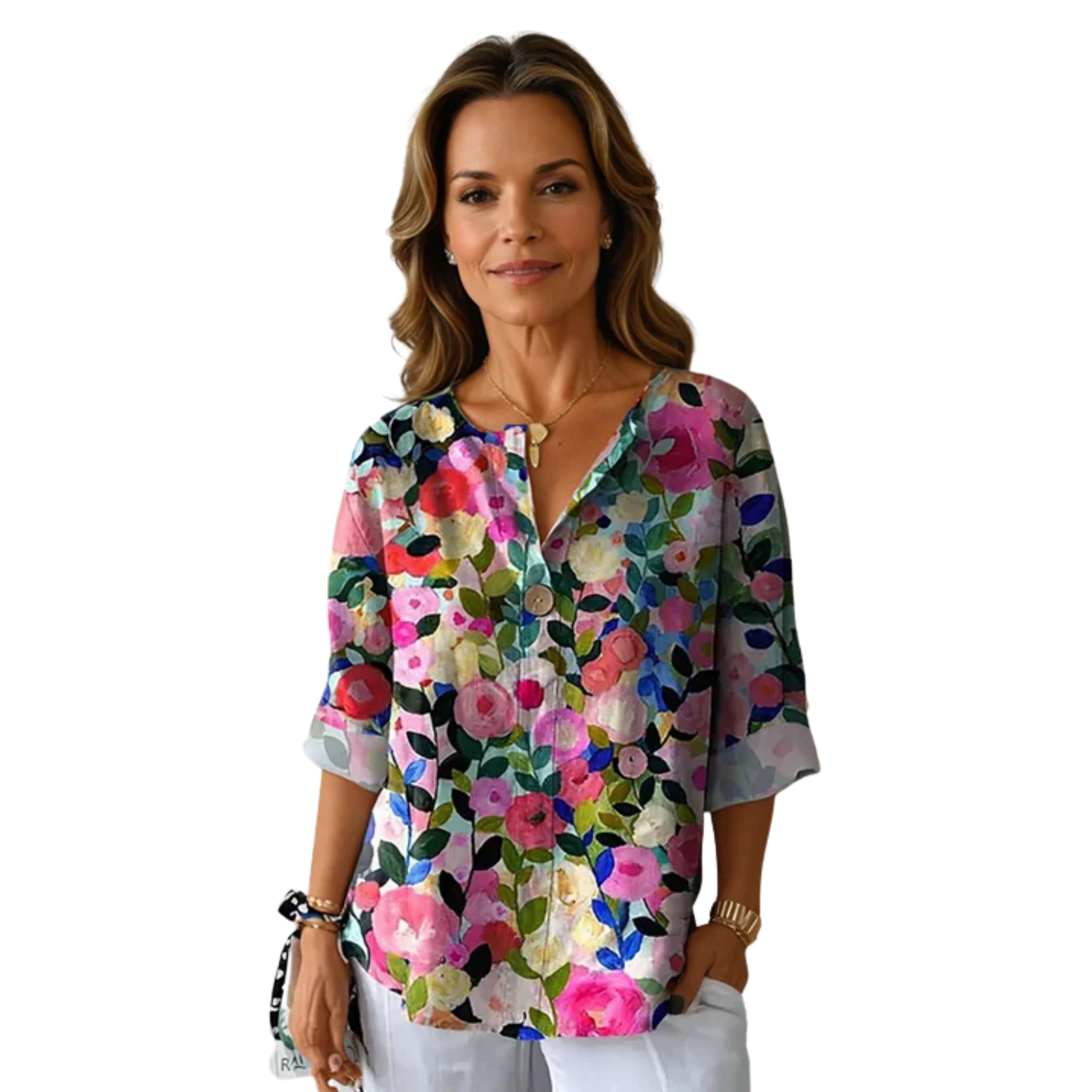 Blouse imprimée fleurs — manches trois-quarts boutonné — loisirs