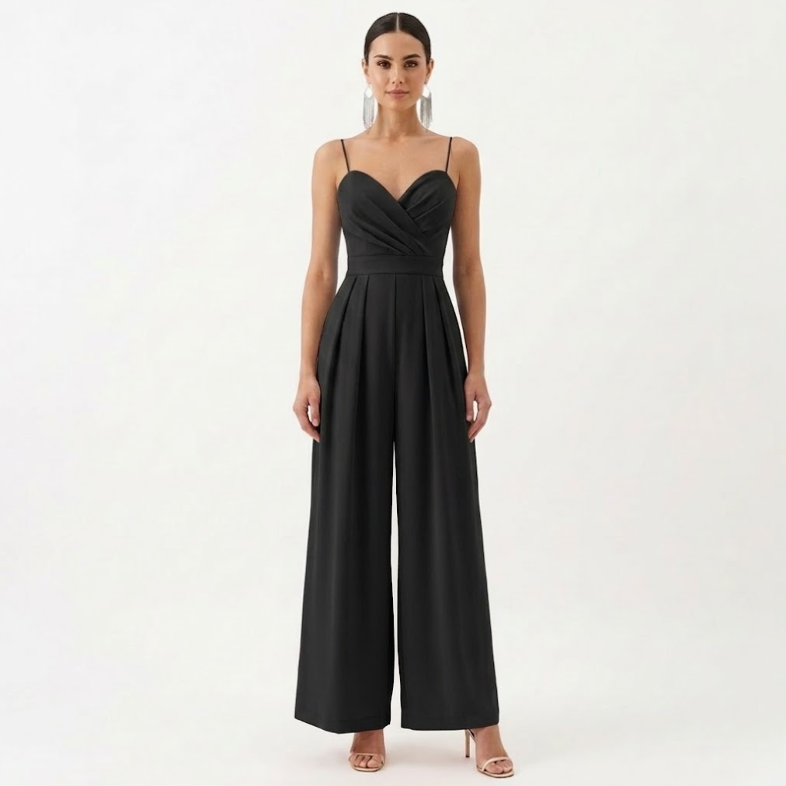 Combinaison Pantalon Large à Bretelles avec Col en V et Taille Haute pour Femmes