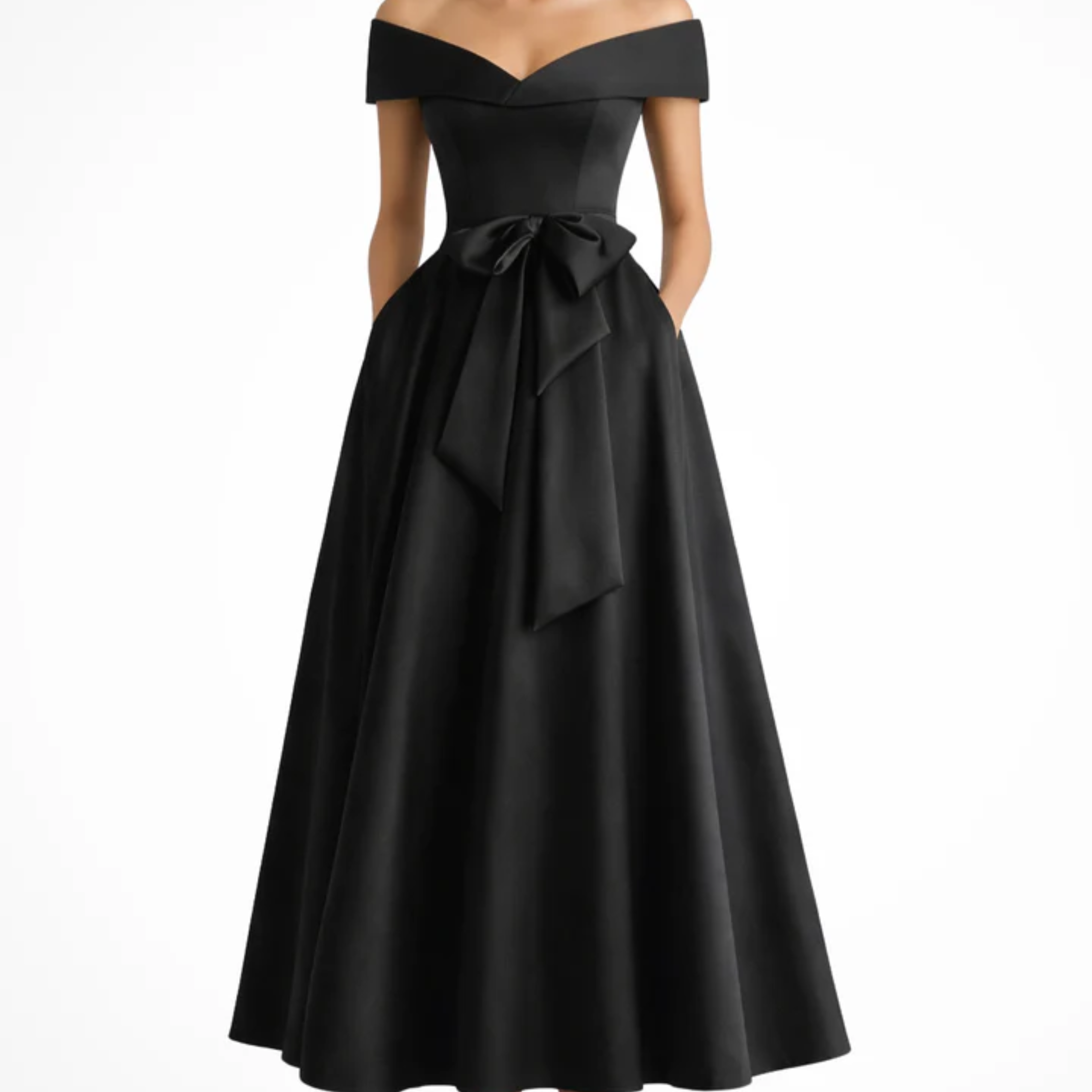 Robe Invitée de Mariage Midi Évasée à Épaules Dénudées avec Nœud à la Taille
