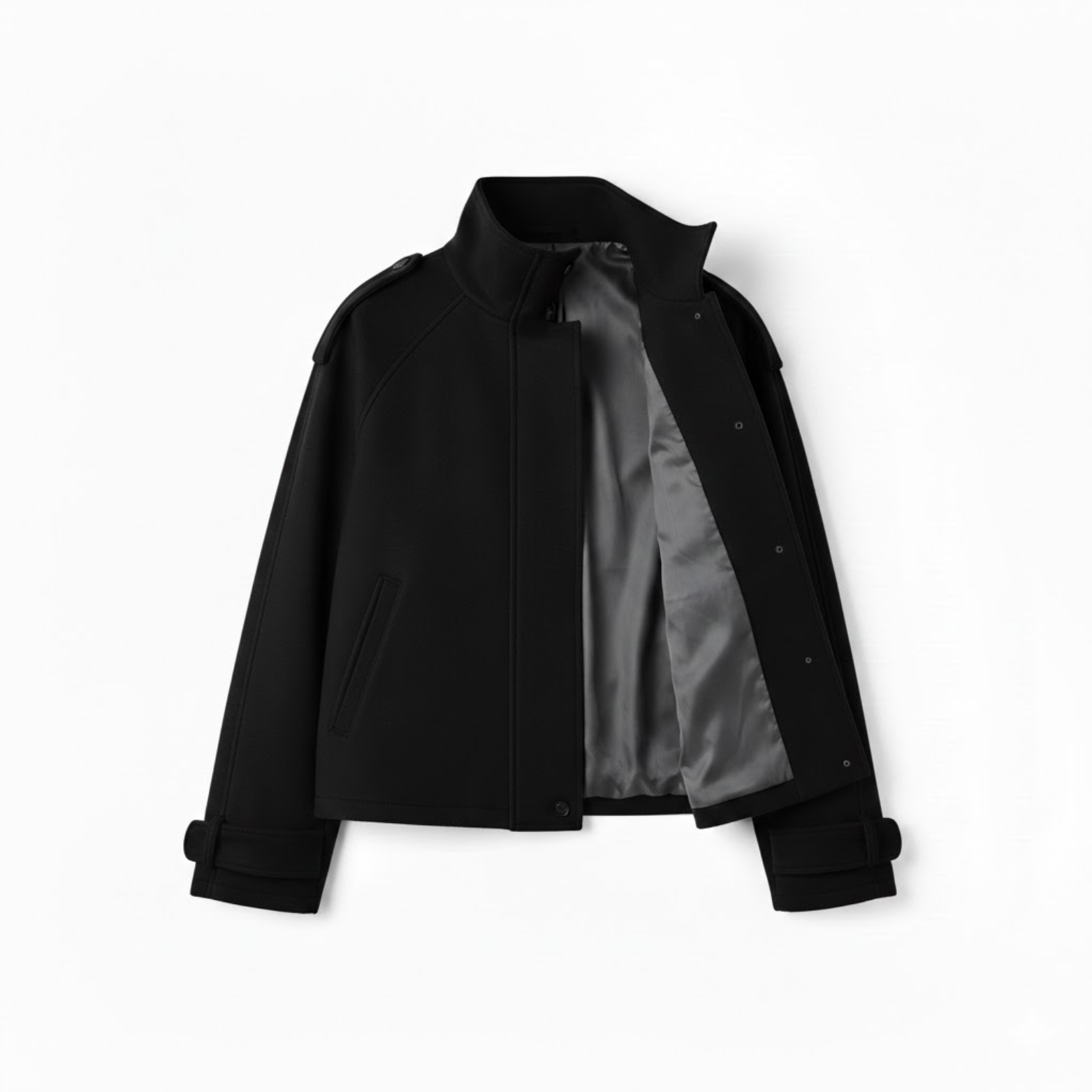 Blouson court en laine pour femme avec col montant et boutons contrastés