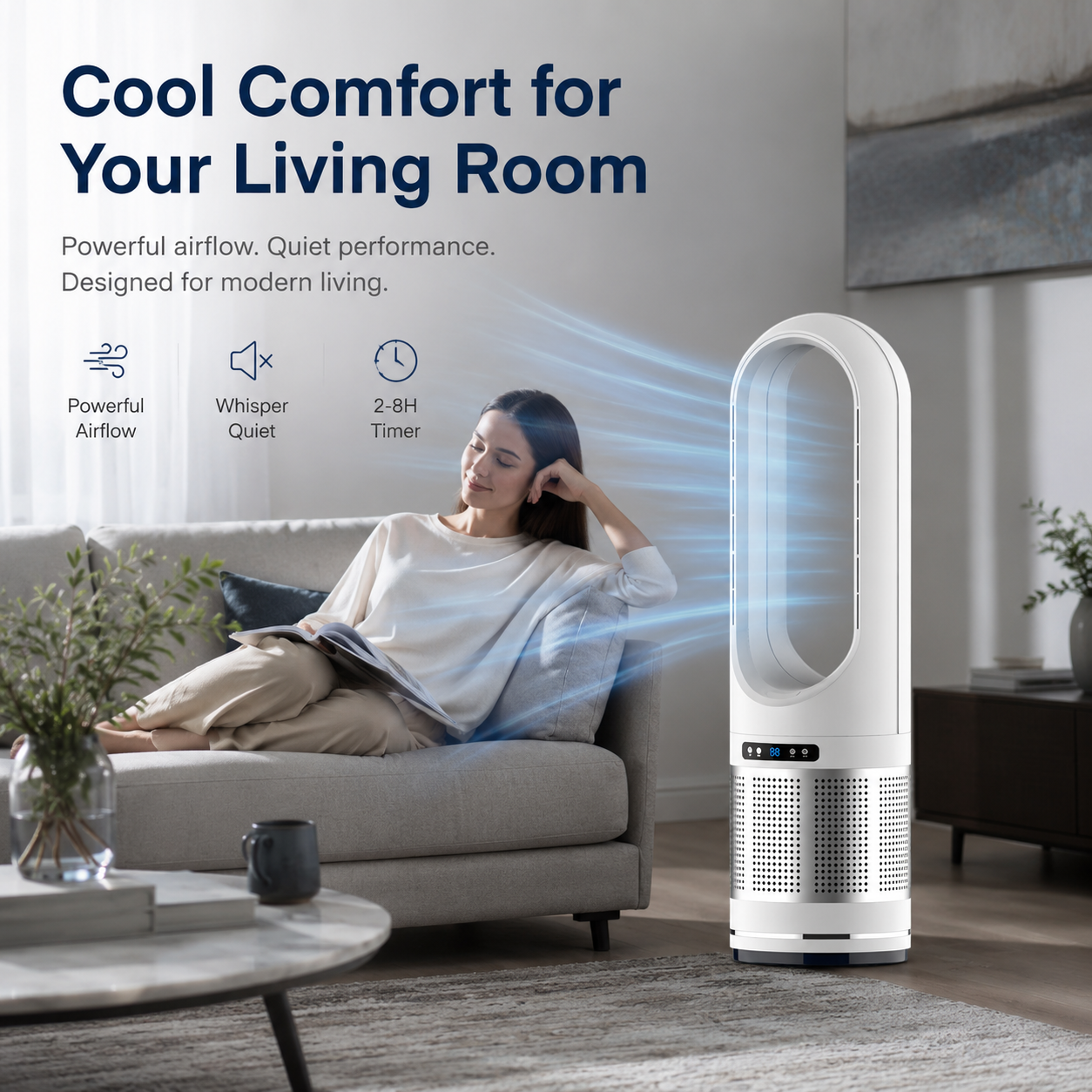Vertical Bladeless Fan with Remote Control, Oscillation, and Timer