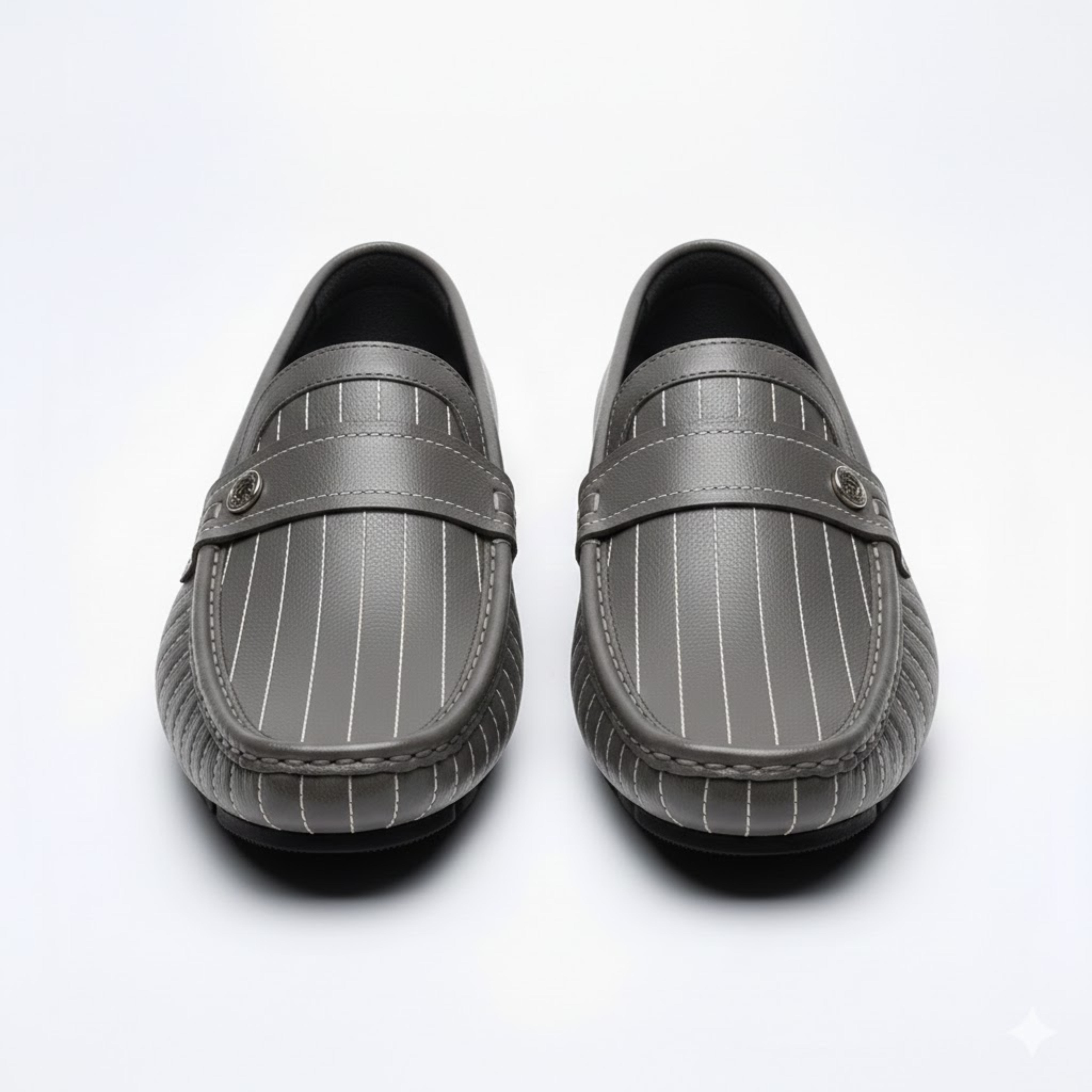 Mocassins en Cuir Véritable pour Hommes à Rayures et Bouton Décoratif à Enfiler