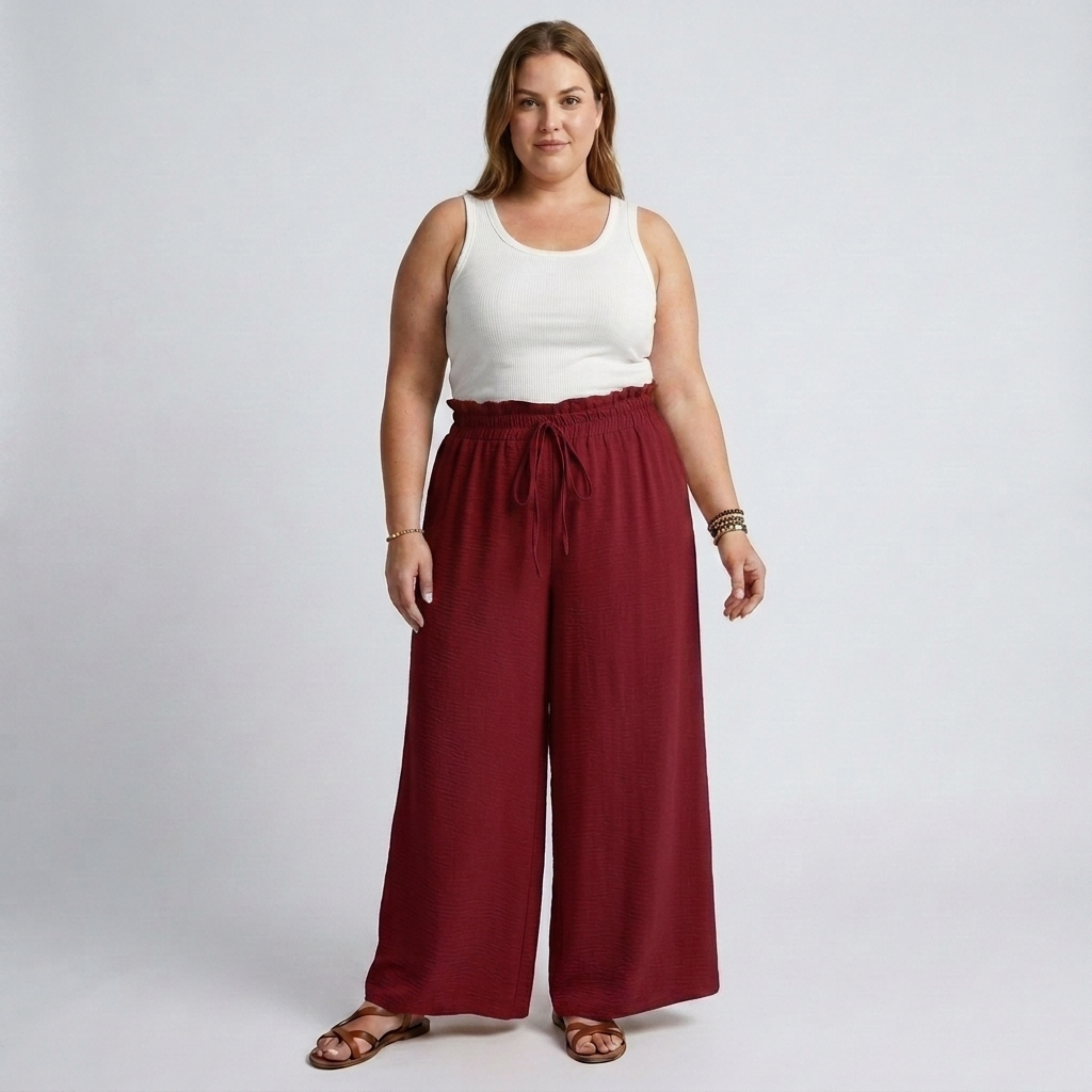 Pantalon large grande taille pour femme à taille élastique et cordon