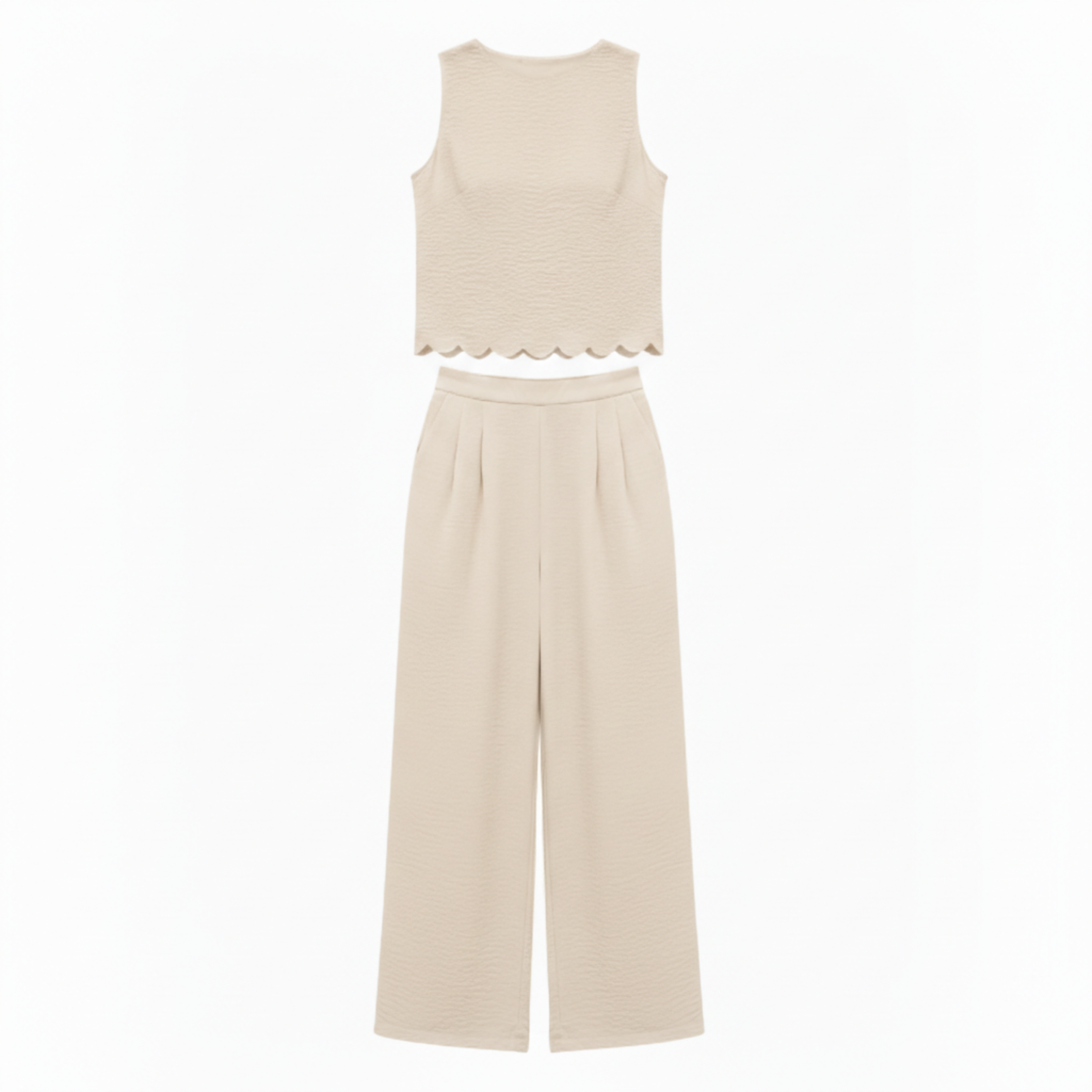 Ensemble deux pièces pour femmes : top sans manches à bordure coquillage et pantalon large longueur cheville