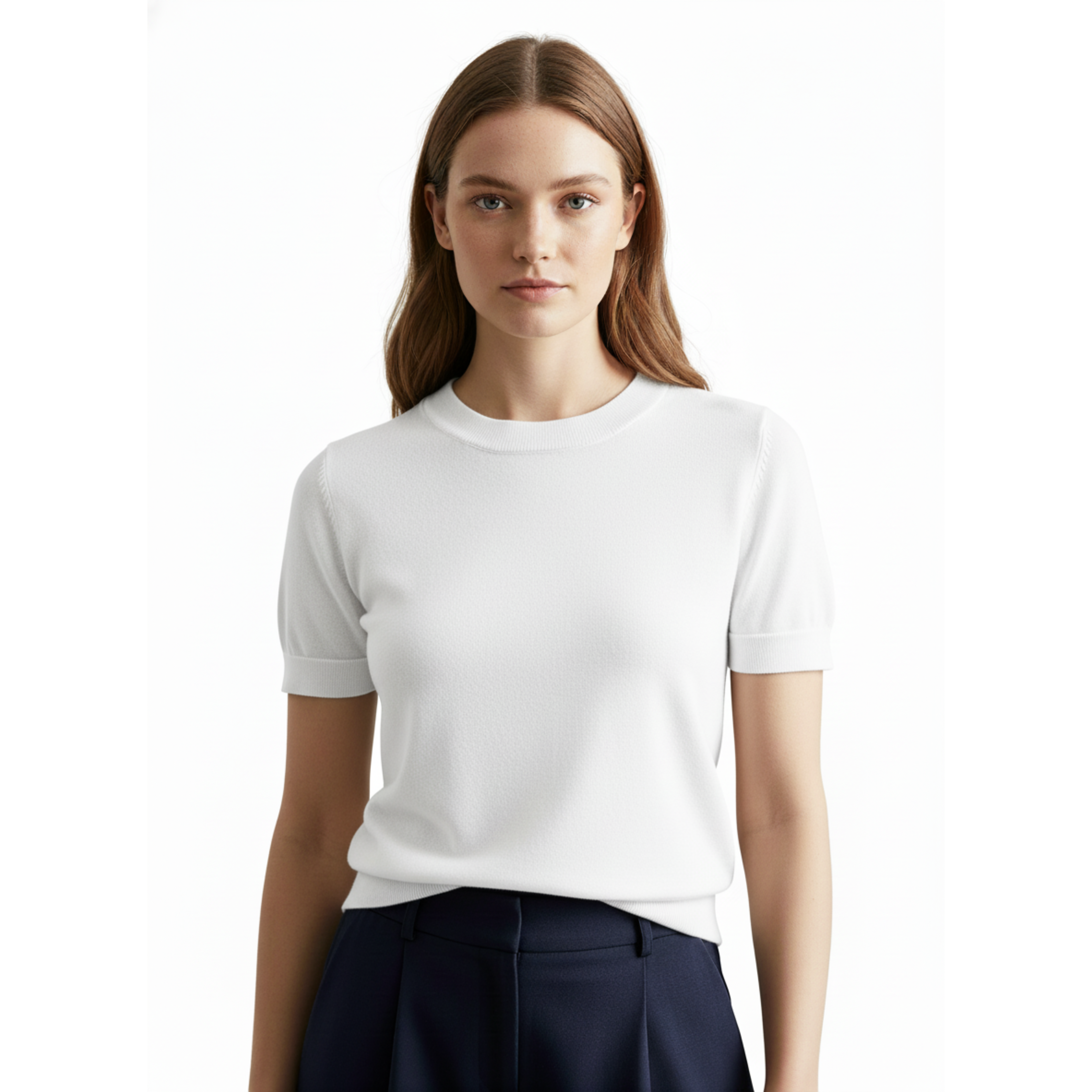 T-shirt en Maille Fine pour Femme à Col Rond et Manches Courtes Ajustées