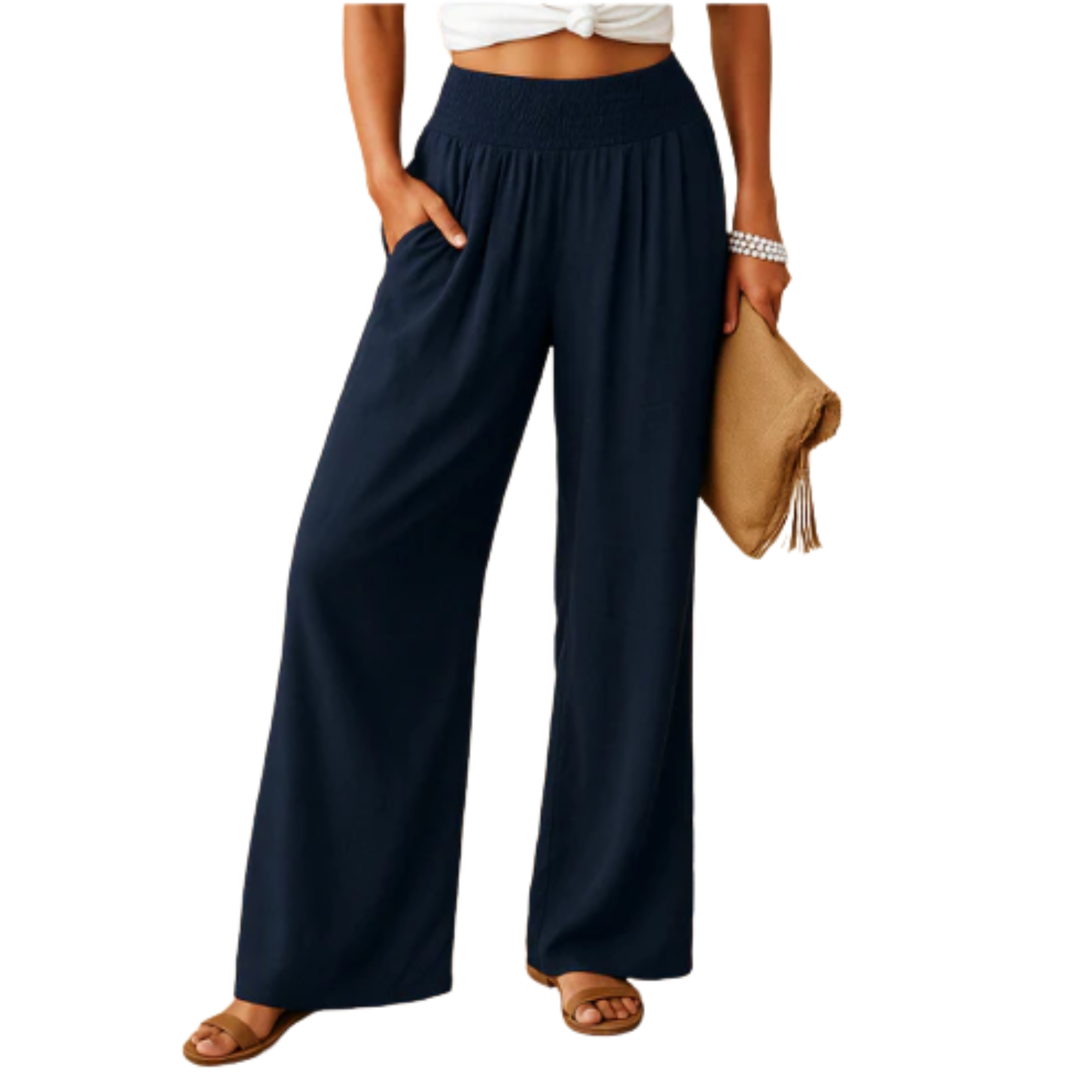 Pantalon femme mélange lin et coton — taille élastique coupe droite | quotidien