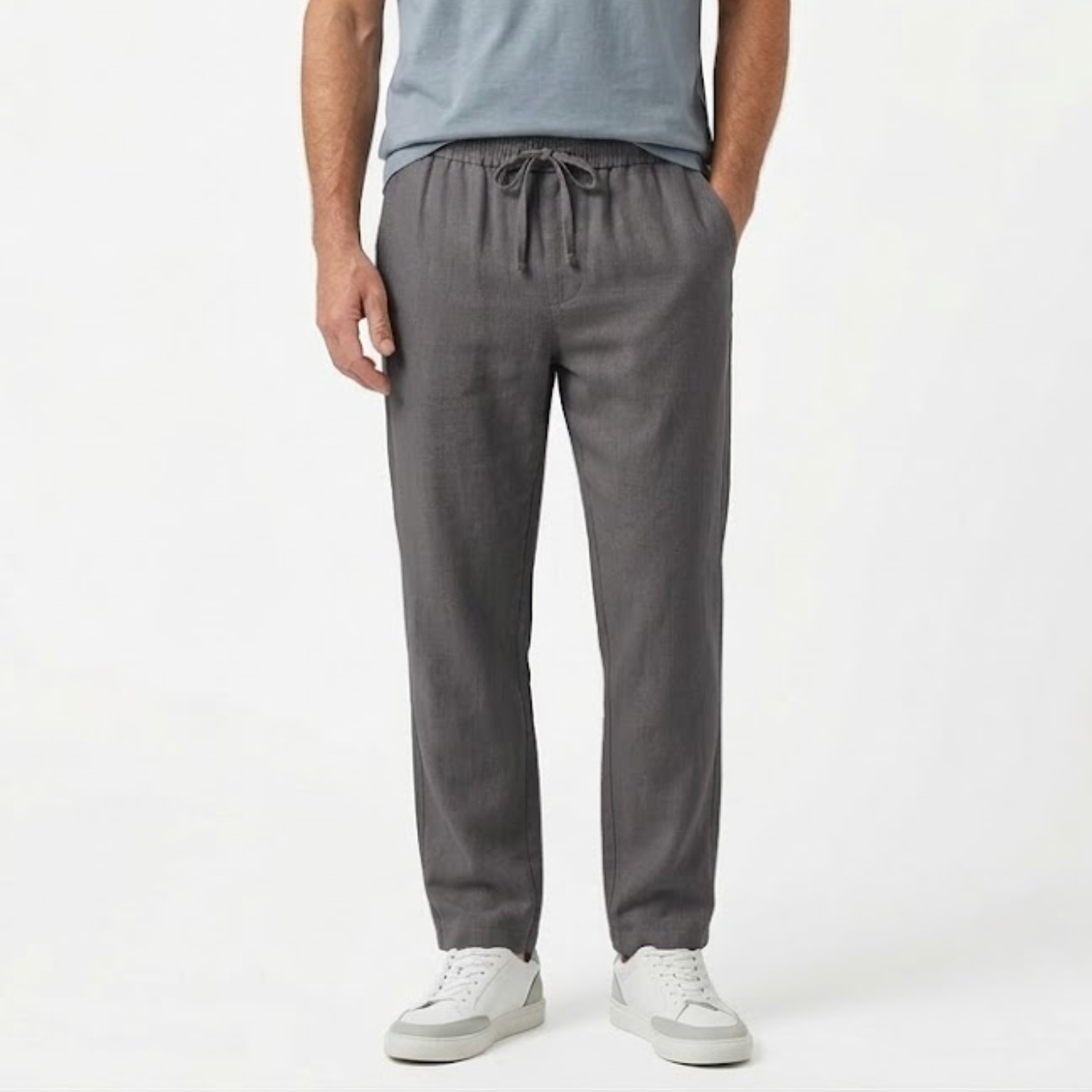 Pantalon Homme en Coton et Lin à Jambe Droite avec Taille Élastique et Cordon