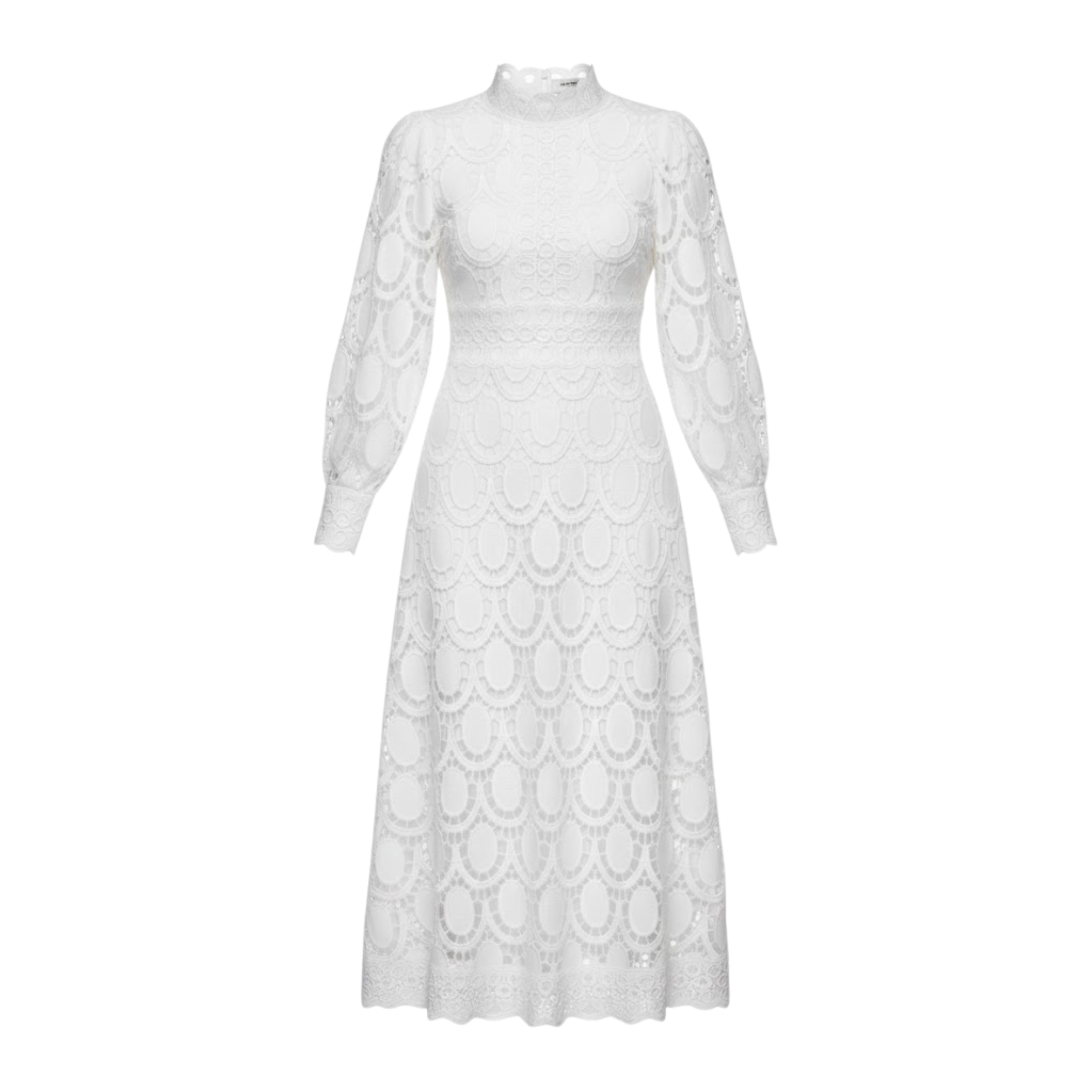 Robe Longue en Dentelle Ajourée avec Manches Bouffantes et Col Montant
