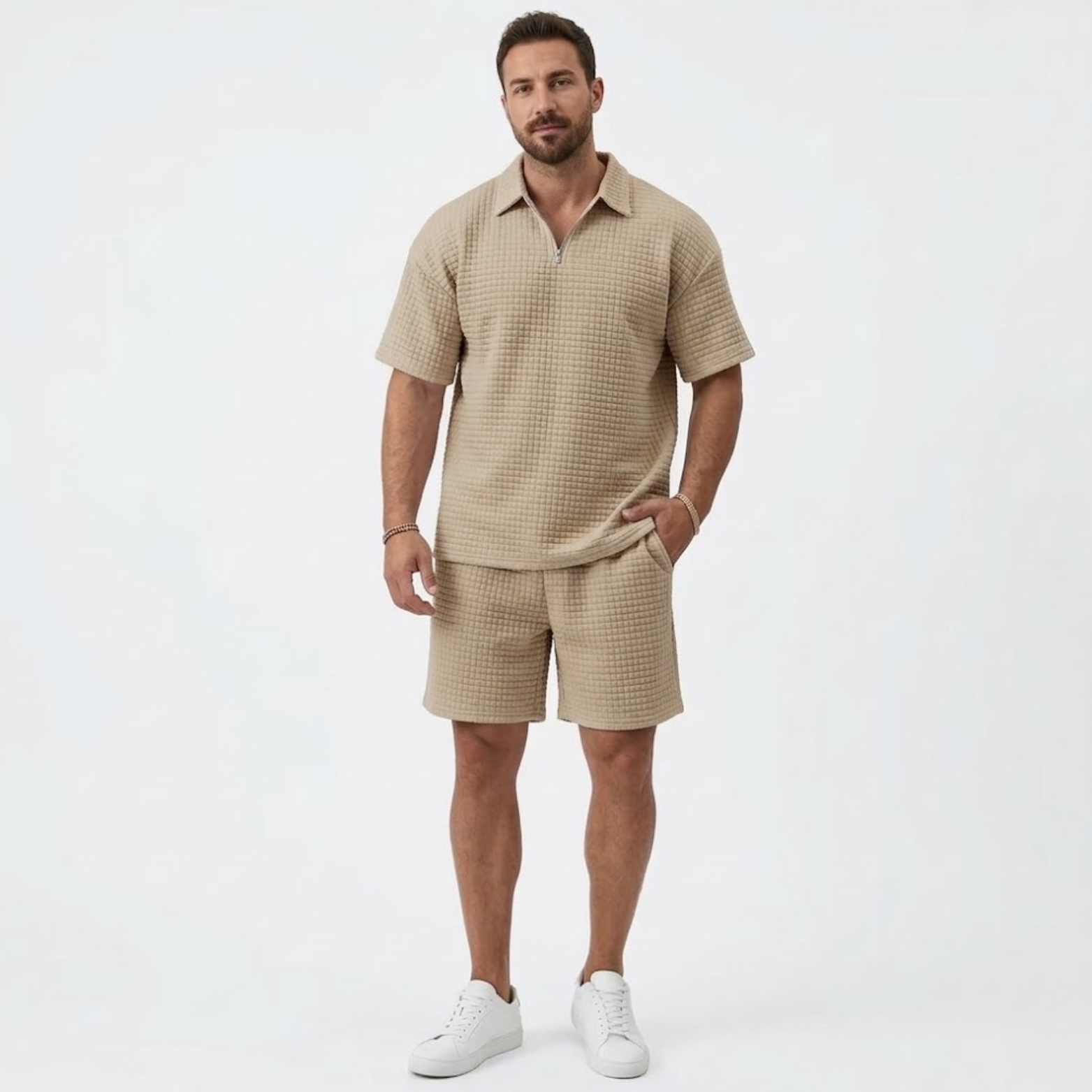Ensemble Décontracté pour Homme avec Chemise à Revers et Short à Carreaux
