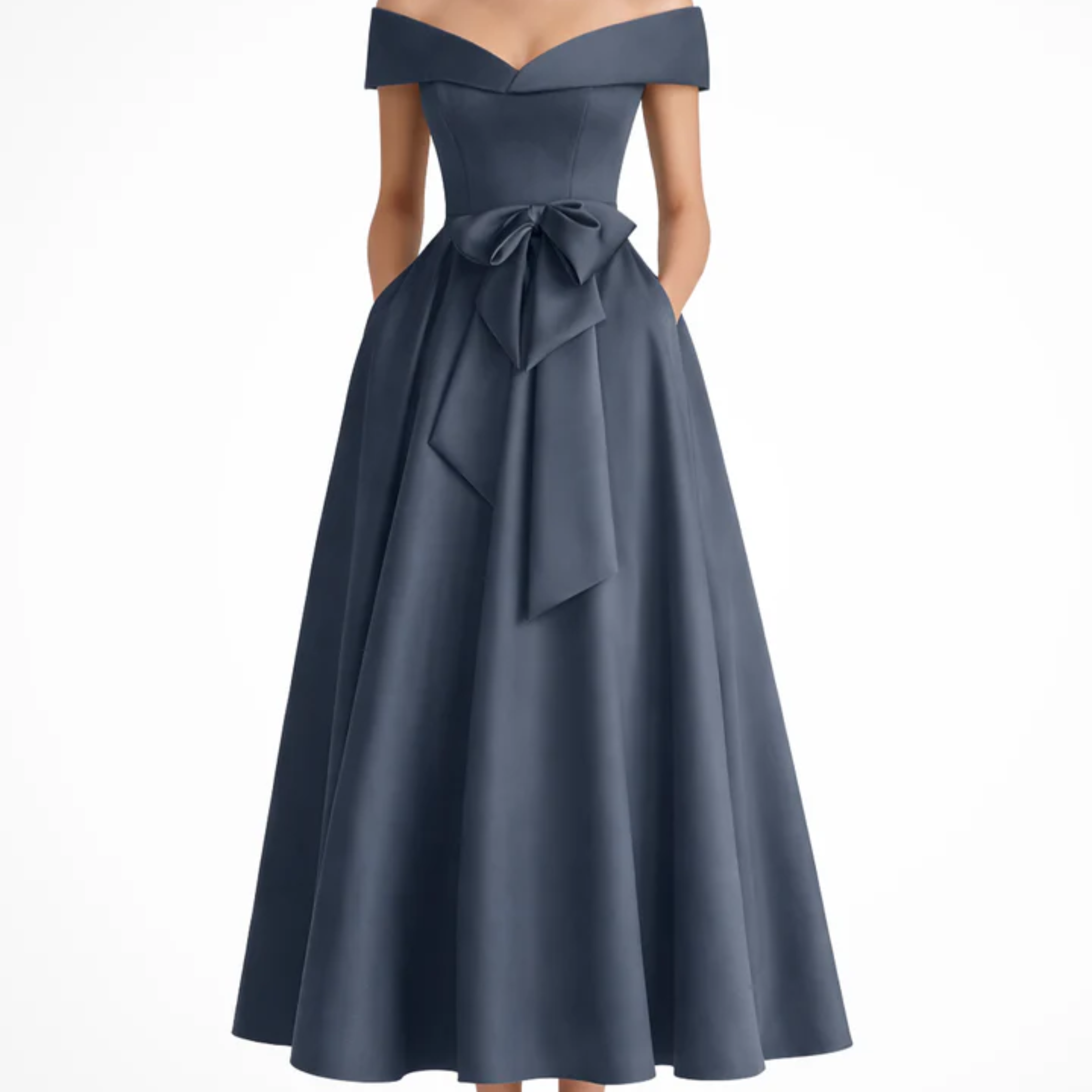 Robe Invitée de Mariage Midi Évasée à Épaules Dénudées avec Nœud à la Taille