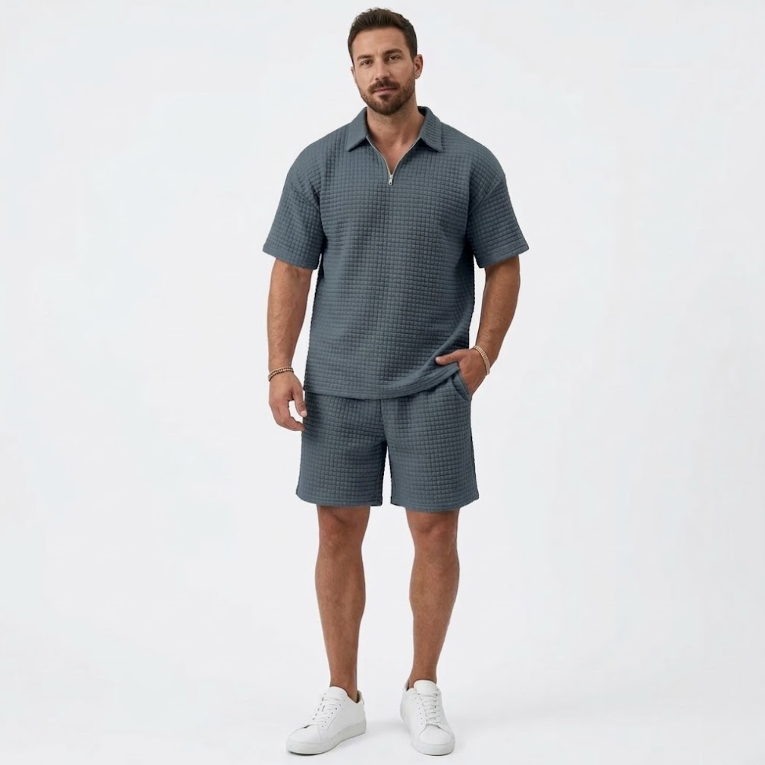 Ensemble Décontracté pour Homme avec Chemise à Revers et Short à Carreaux