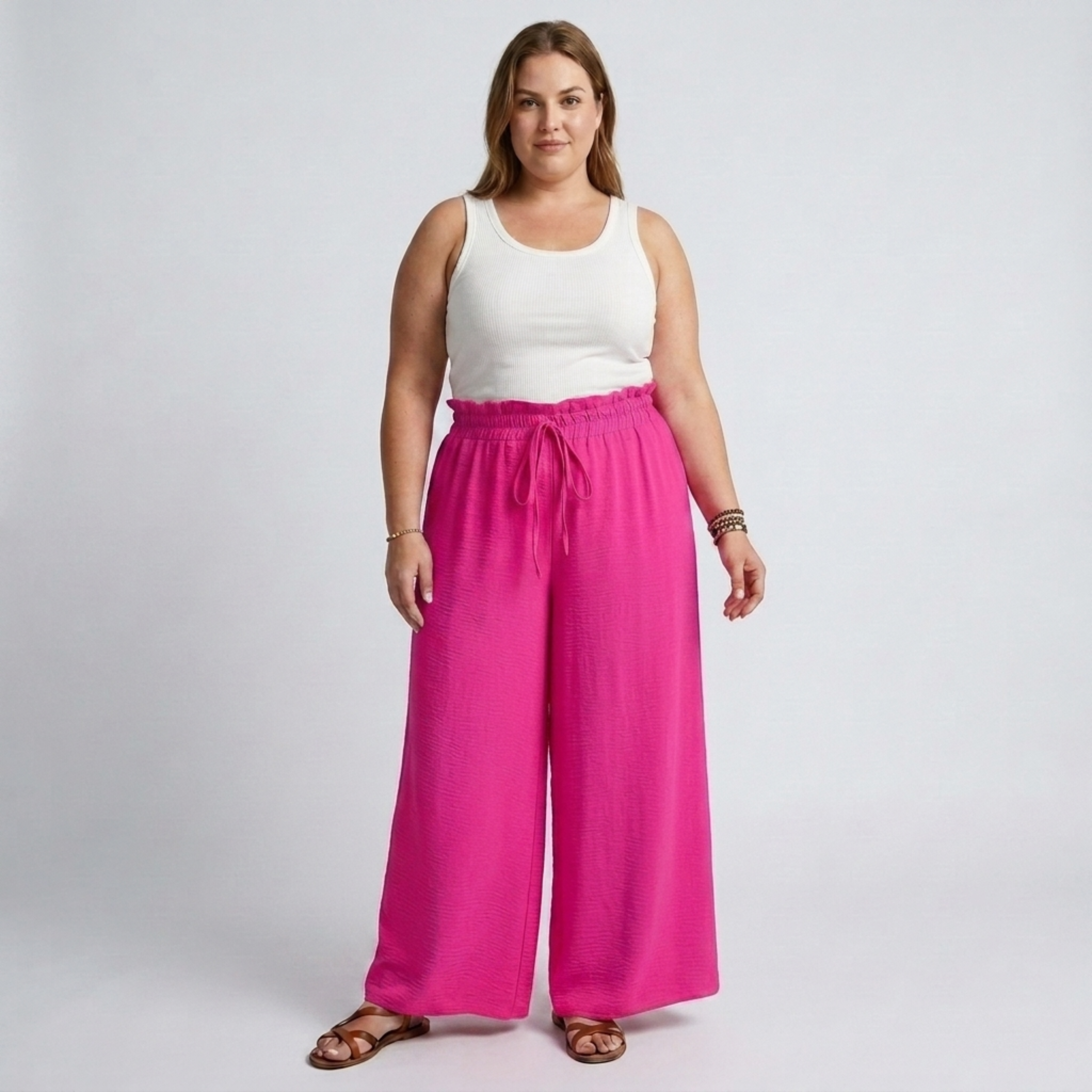 Pantalon large grande taille pour femme à taille élastique et cordon